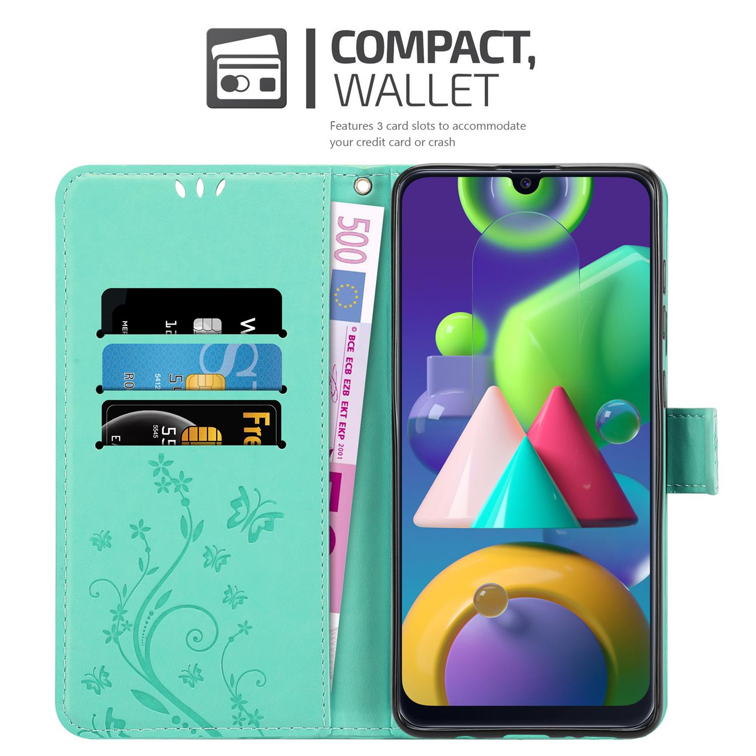 Custodia teal con motivo floreale. Tre slot per carte e una banconota. Smartphone all'interno. Testo portafoglio compatto.