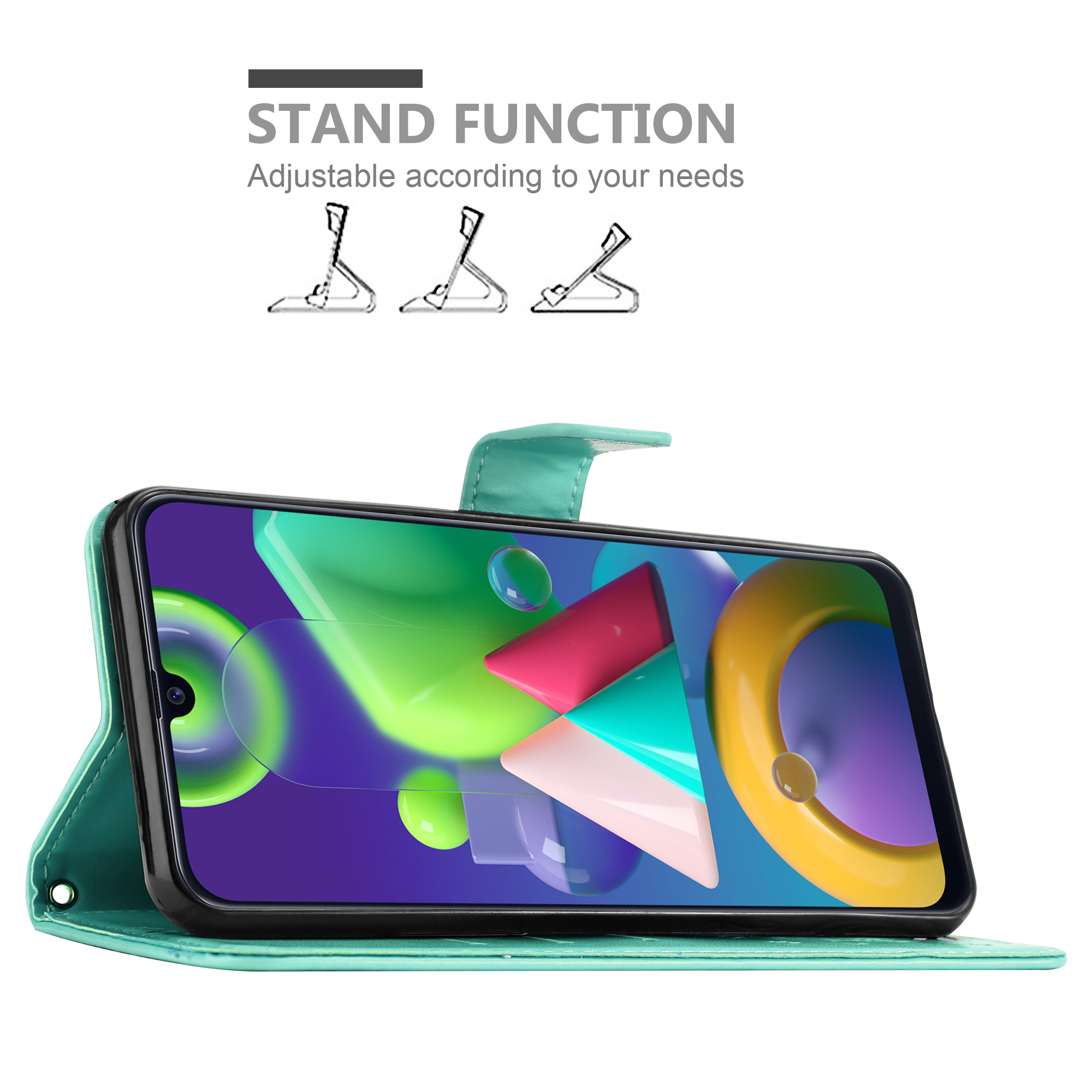 Custodia teal con telefono all'interno. Il telefono mostra forme colorate. Funzione supporto.