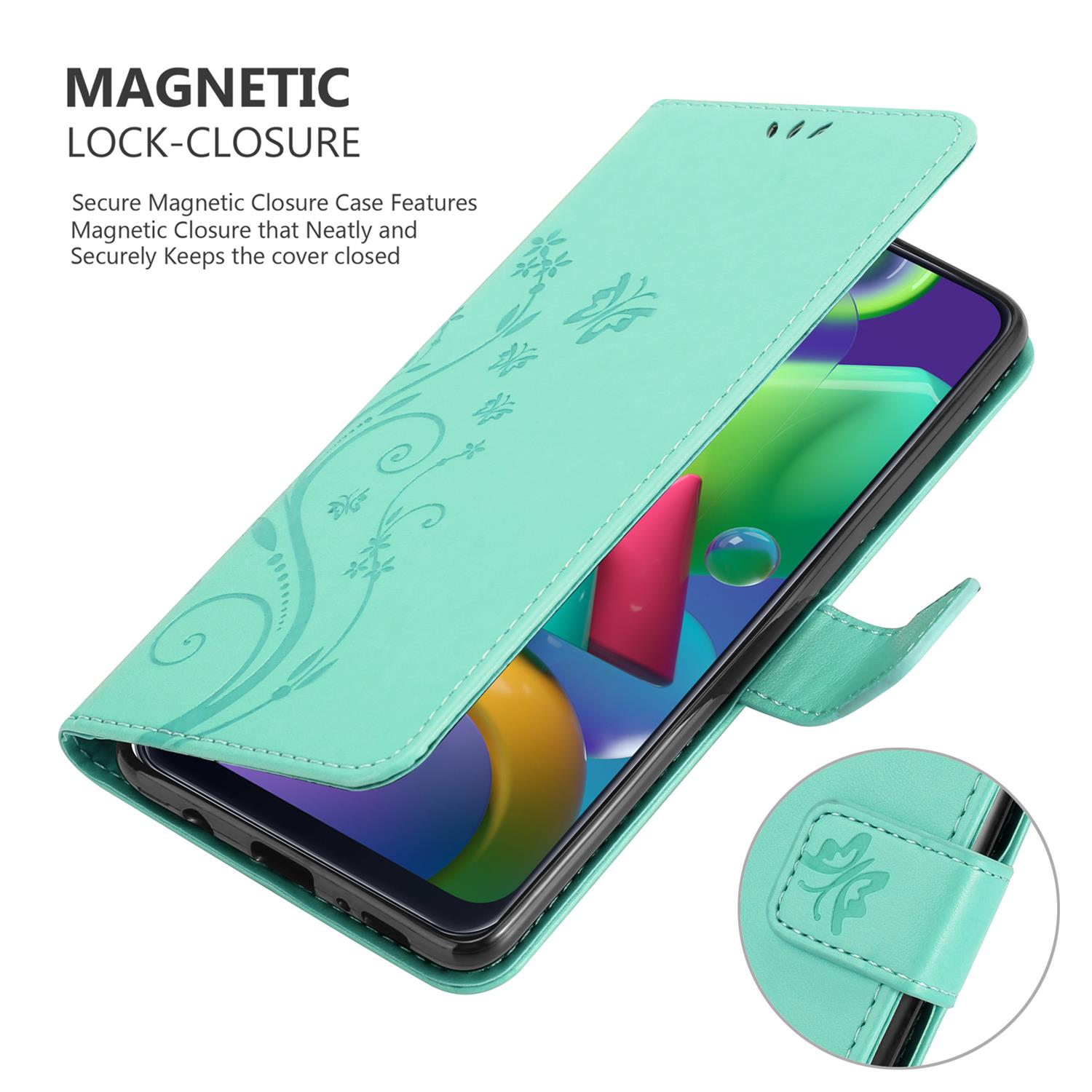 Una custodia per telefono color verde acqua è aperta, rivelando un telefono. Design floreale sulla custodia. Il telefono è nella custodia.