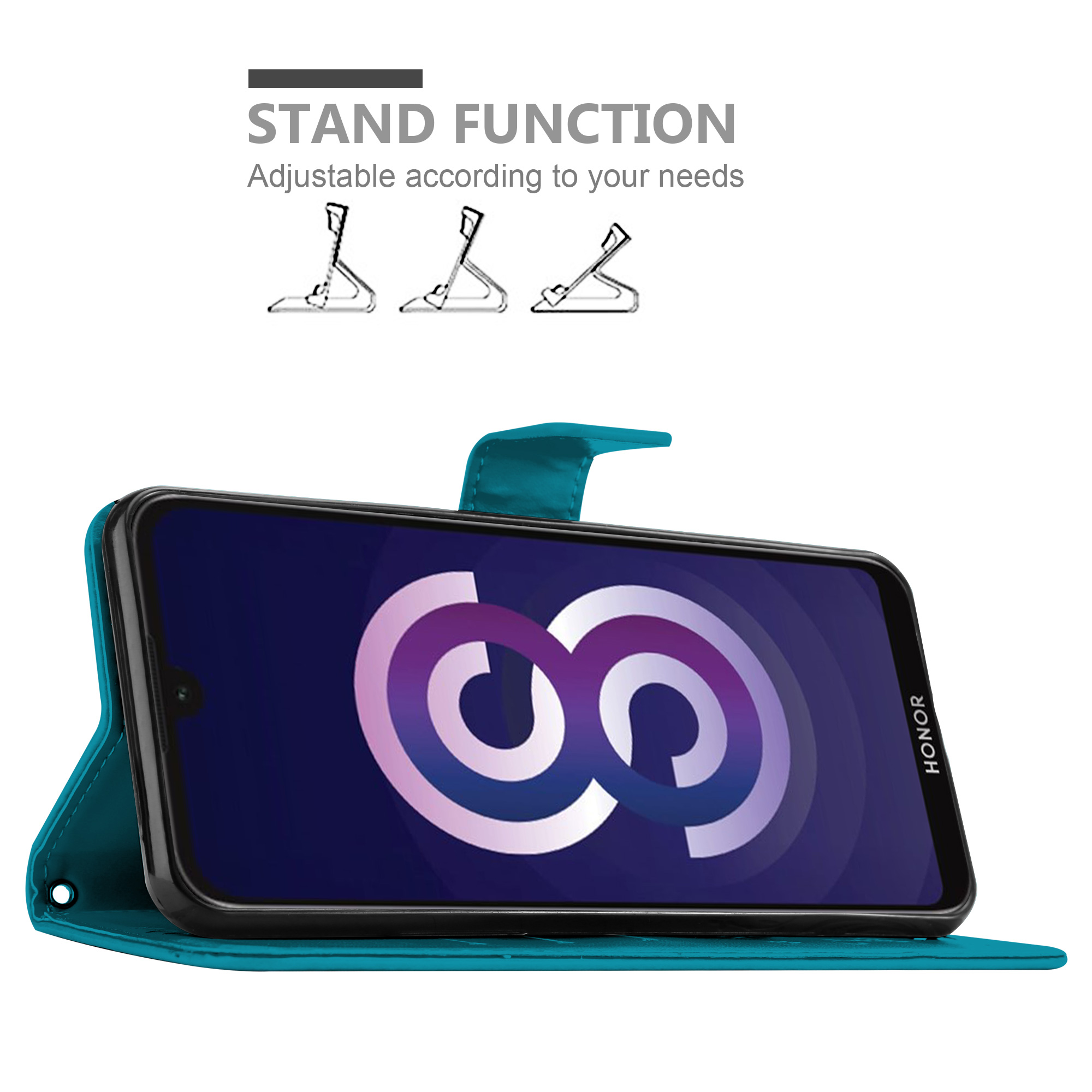 Telefono in custodia con supporto verde acqua. Il telefono mostra un logo viola e bianco.