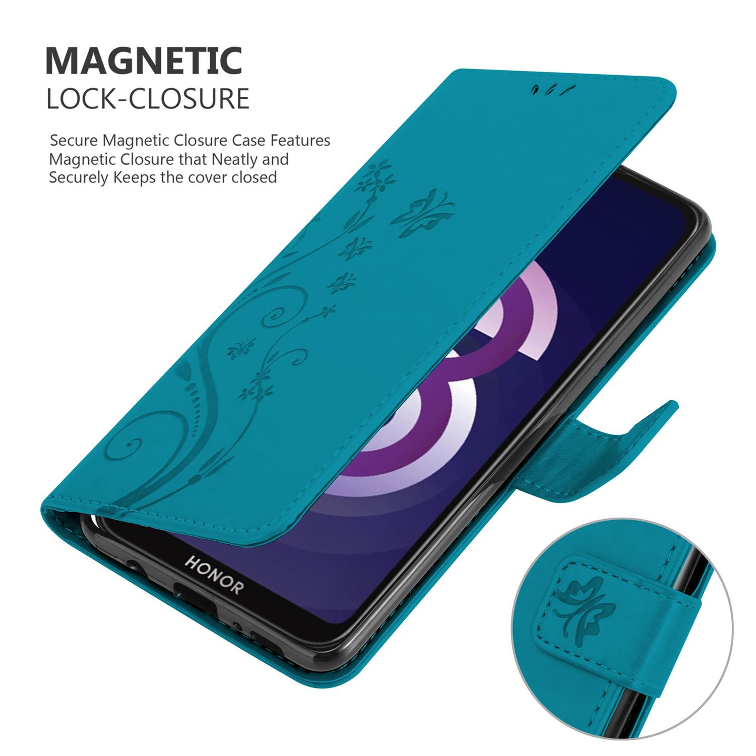 Custodia per telefono verde acqua con design floreale, vista aperta. Schermo del telefono visibile, cover con chiusura magnetica.