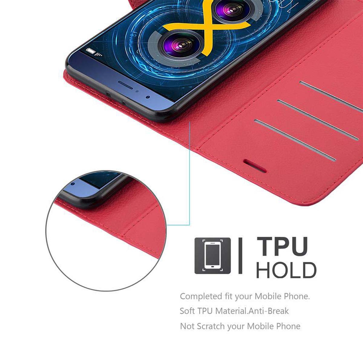 Custodia del telefono rossa aperta. Telefono visibile con schermo con grafica, che mostra un supporto TPU.