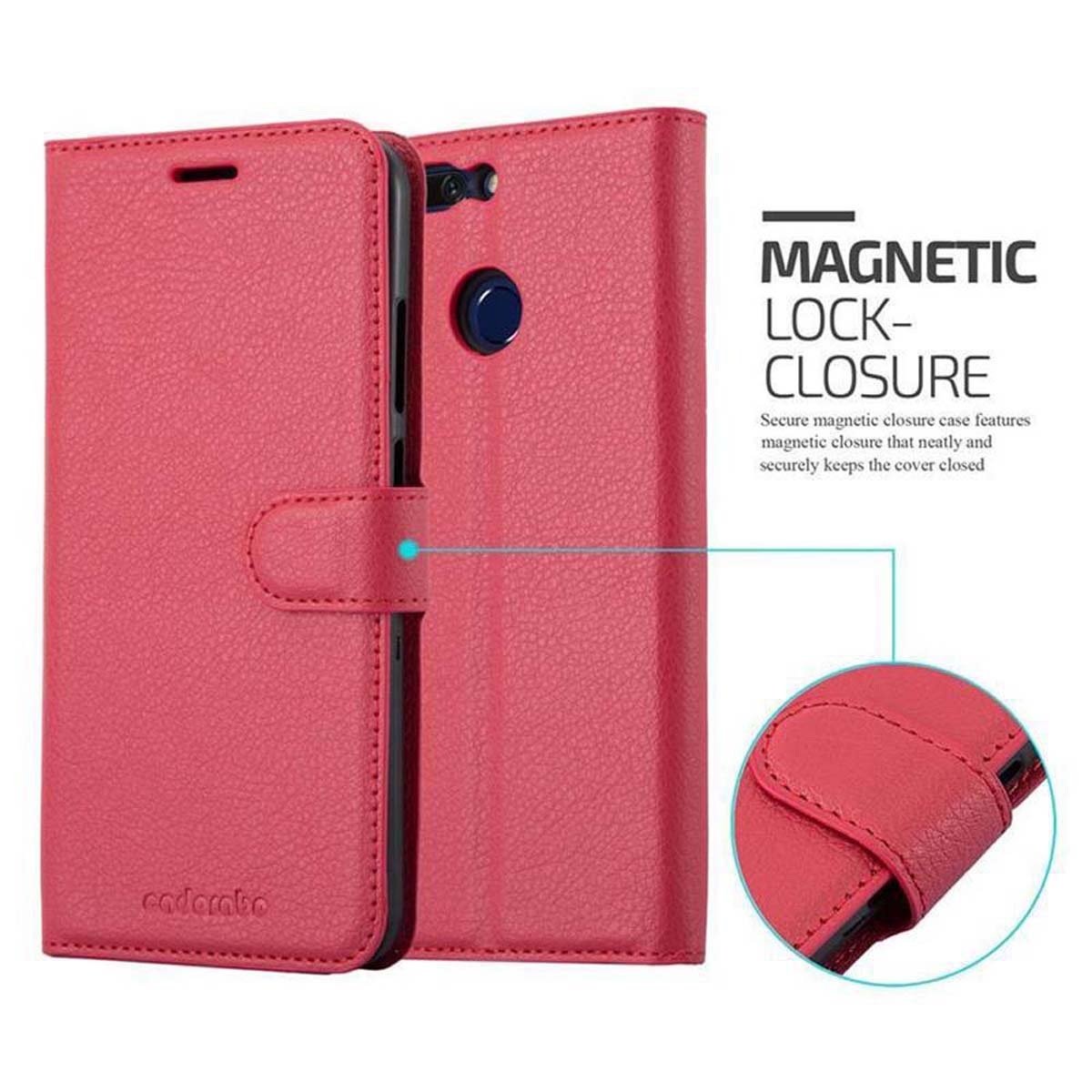 Custodia rossa con chiusura magnetica. Mostra custodia chiusa con un bottone.