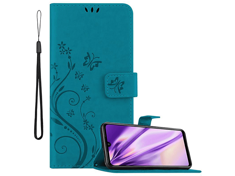 RedMi Xiaomi, 7, CADORABO Muster Case, Bookcover, FLORAL Blumen Flower NOTE BLAU Hülle