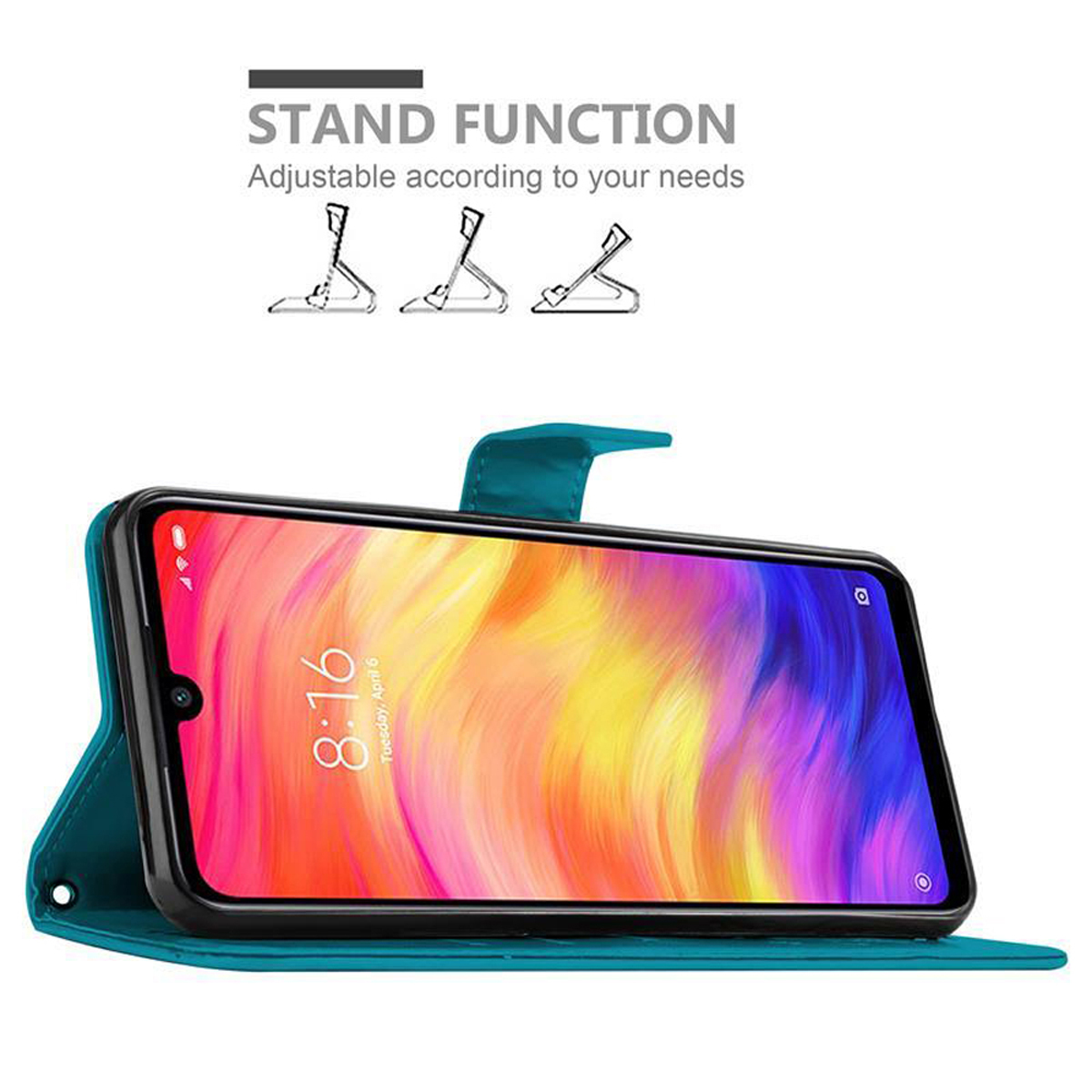 Telefono in una custodia color teal, appoggiato come supporto. Testo e diagrammi della funzione supporto visibili.