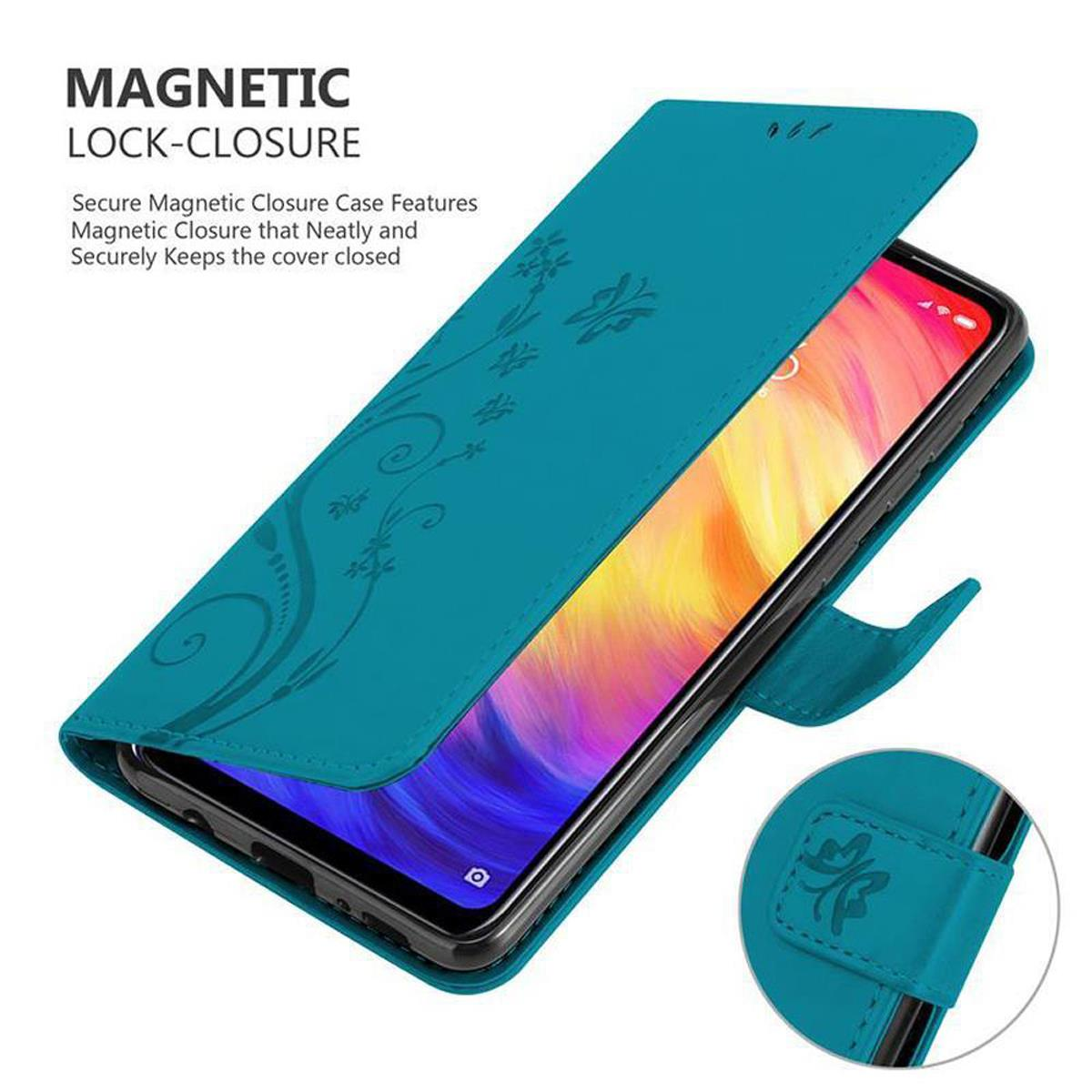Custodia per telefono verde acqua con design floreale aperta per rivelare lo schermo. Chiusura magnetica.
