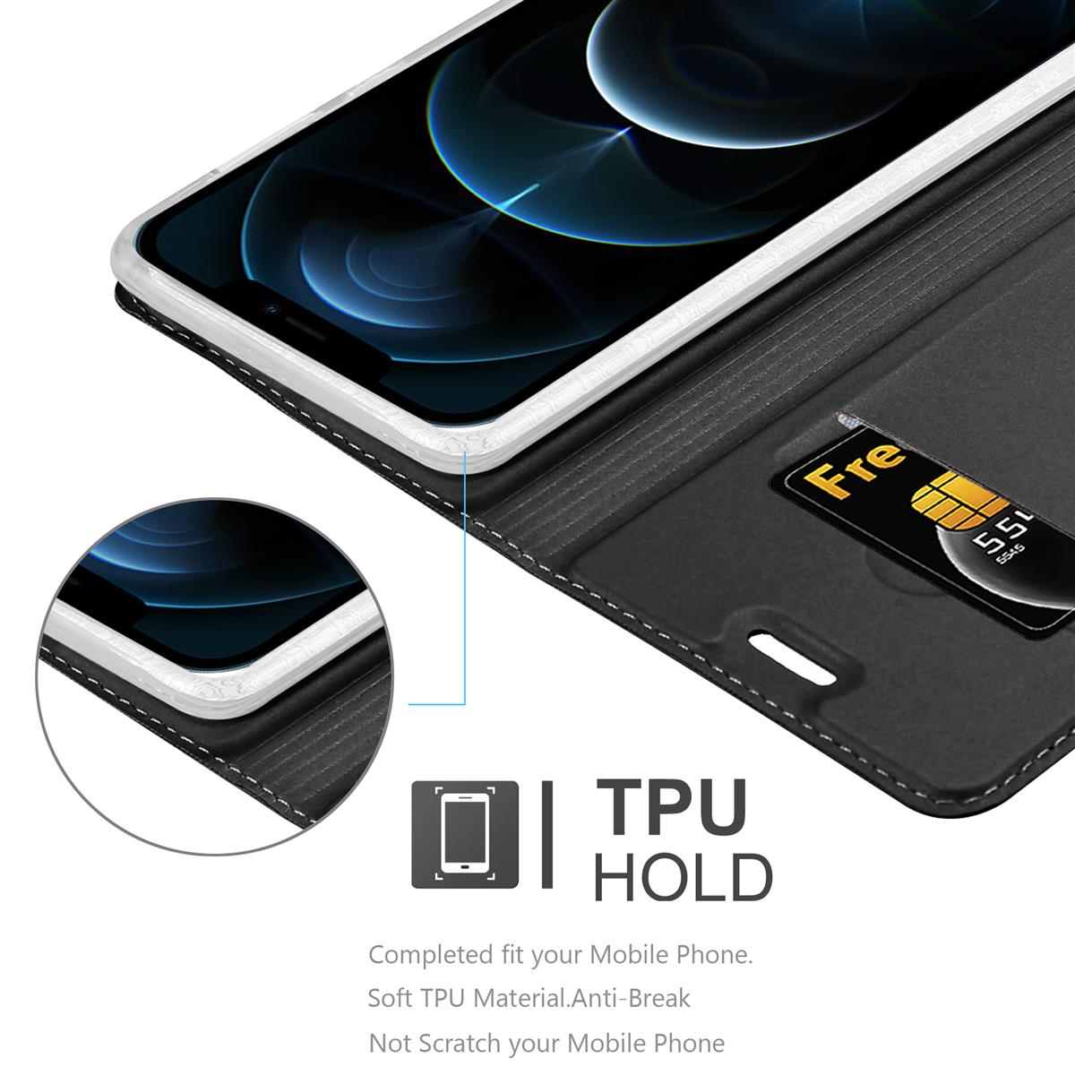 Geöffnete Handyhülle mit Telefon und Karte. Zeigt TPU-Halterung und den Telefonbildschirm.