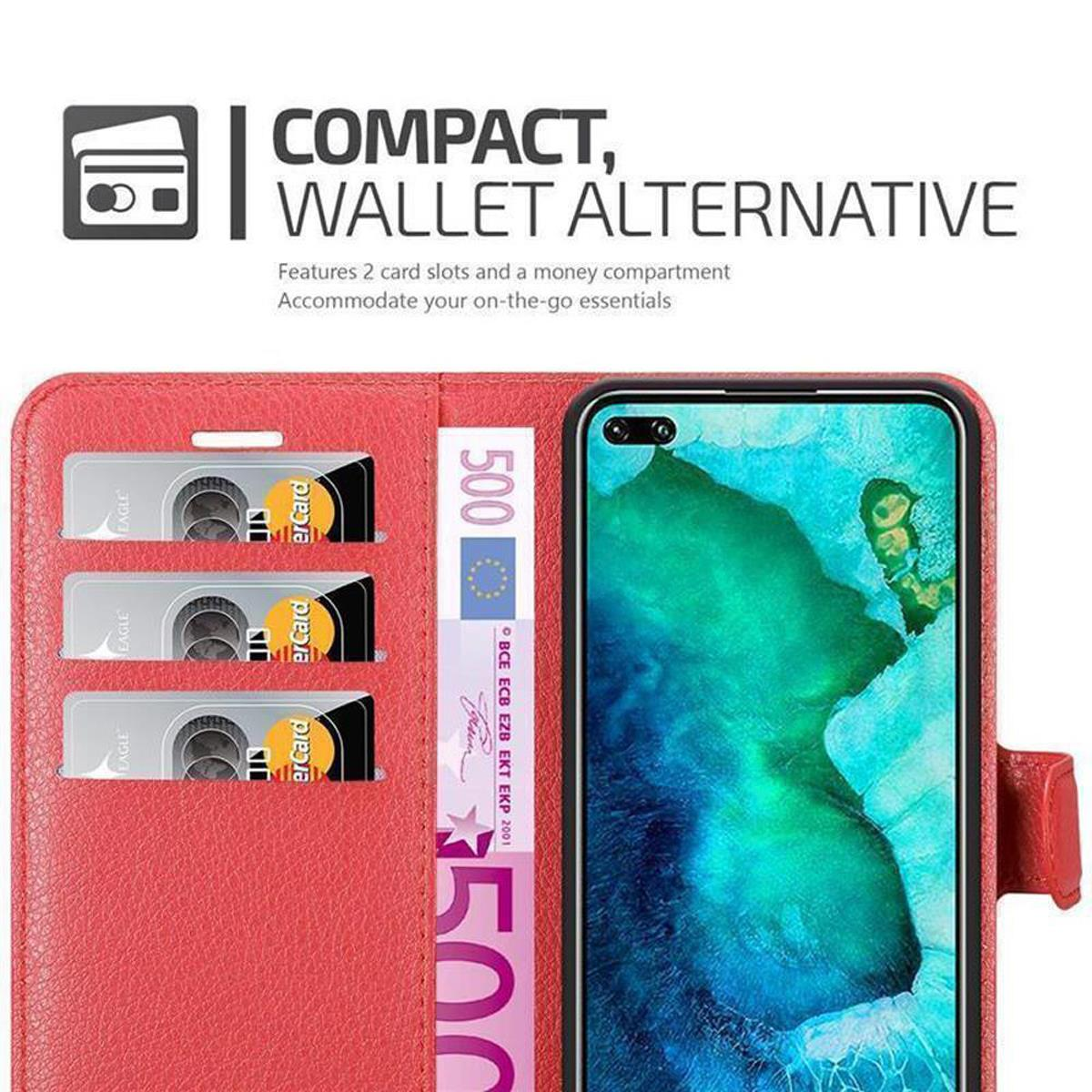 Rote Handyhülle mit drei Kartenfächern und einem Geldfach, mit einem Telefon mit Bildschirmanzeige.