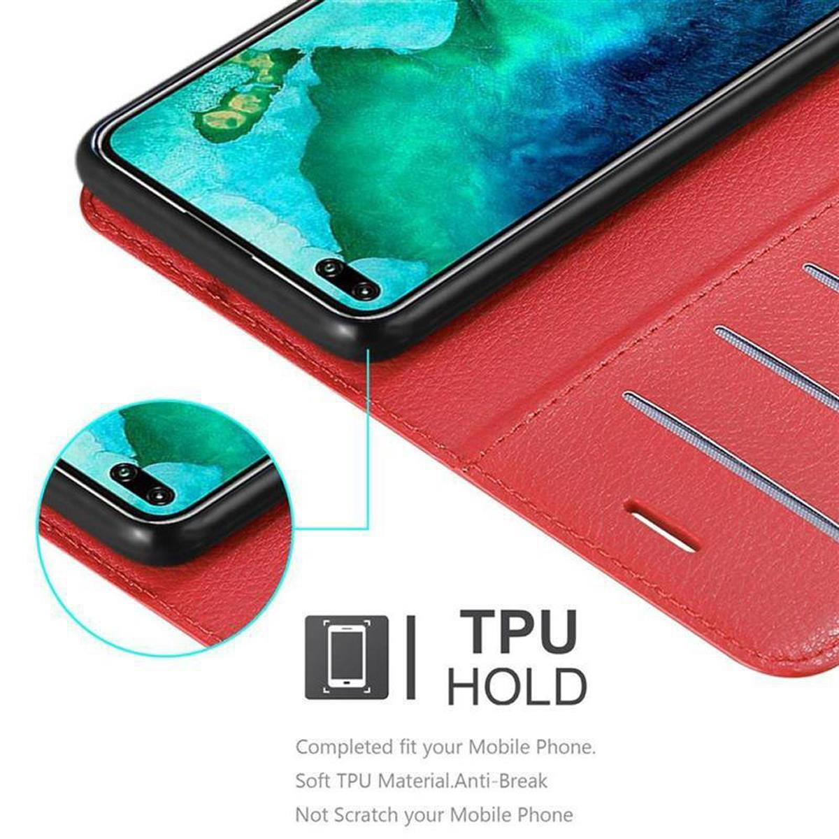 Ein Telefon in einer roten Hülle, zeigt die Unterseite und Seite des Telefons. Ein TPU-Etikett ist sichtbar.