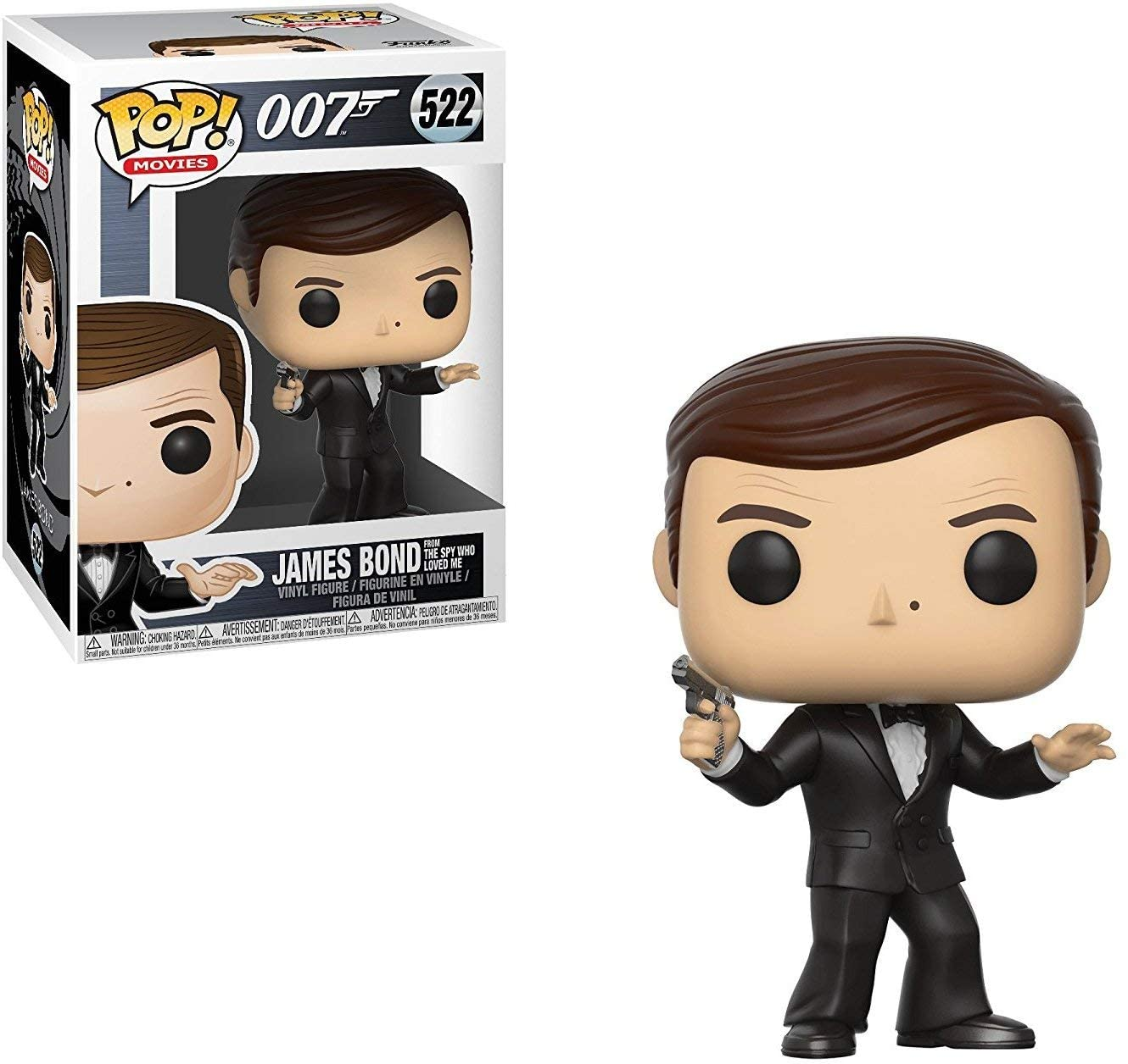 James Bond Figur mit Pistole, in einer Box. Weißer Hintergrund. Box zeigt Bond im Smoking.