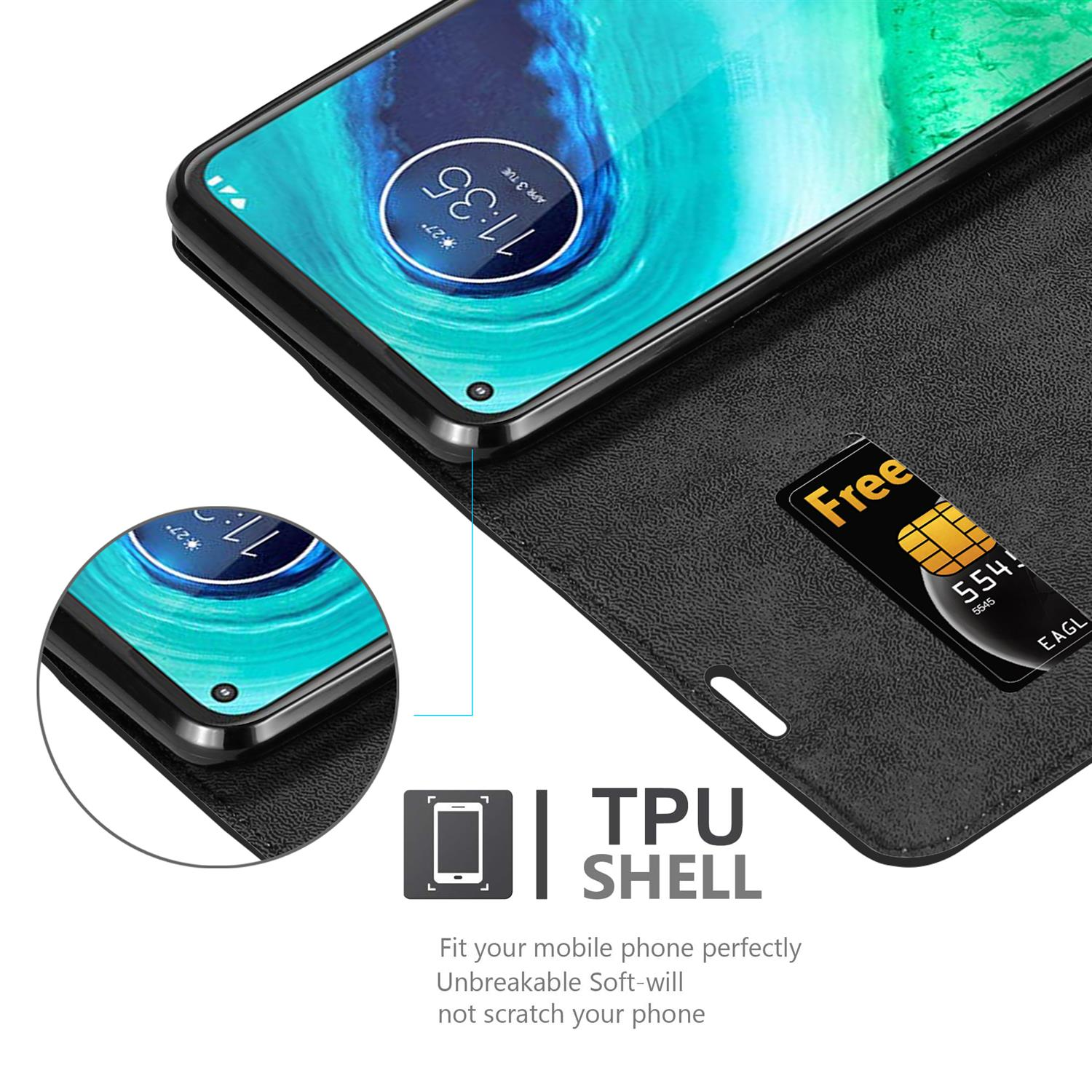 Un telefono in una custodia nera con una carta, dettaglio del guscio e del telefono.