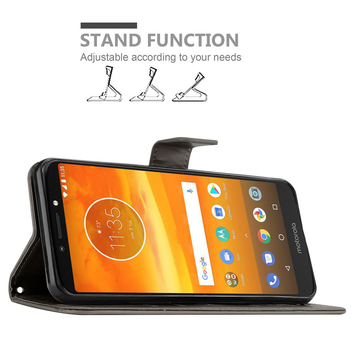 Smartphone in custodia grigio scuro, mostra la schermata iniziale, sollevato.