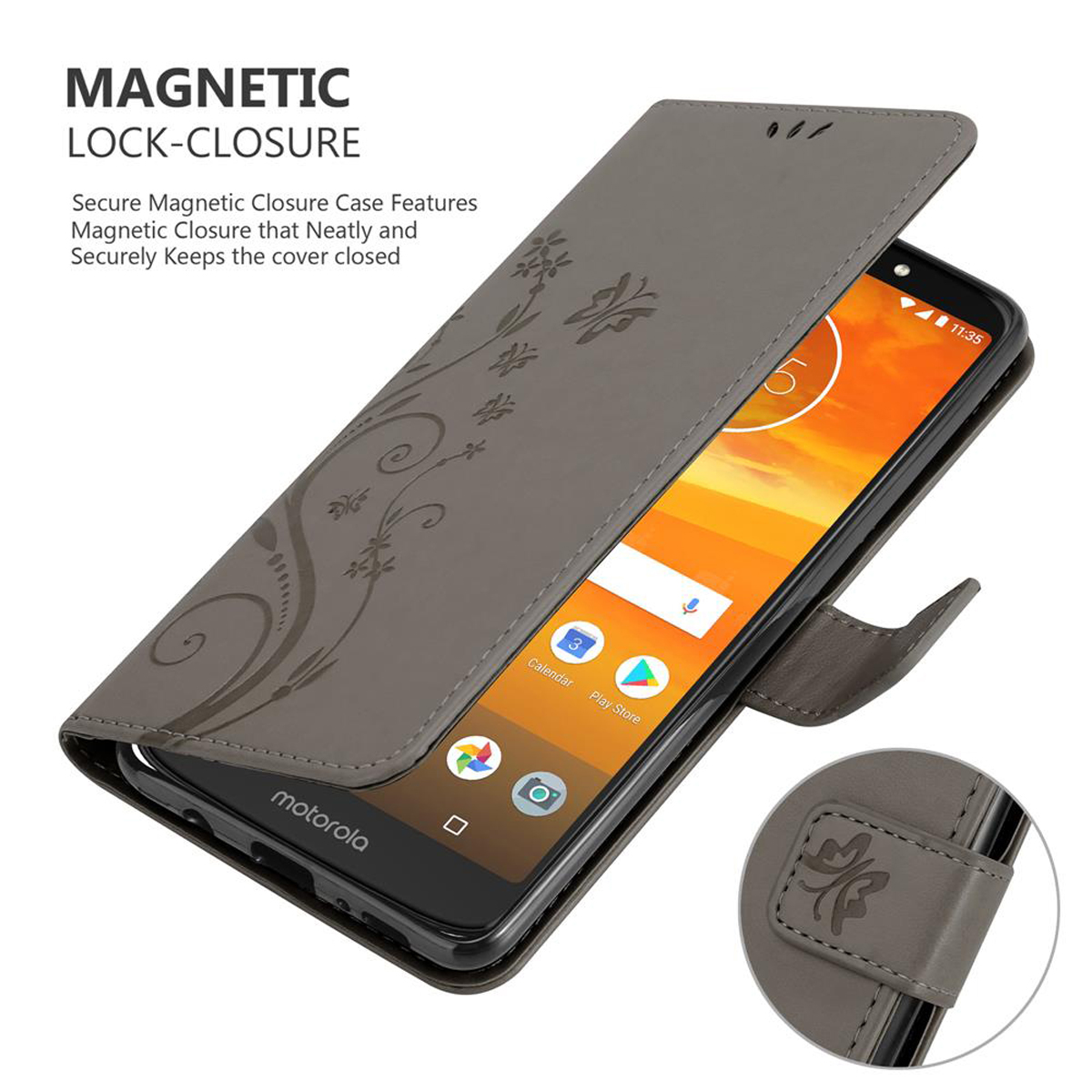 Un telefono in una custodia grigia viene mostrato aperto. La custodia ha un motivo floreale.