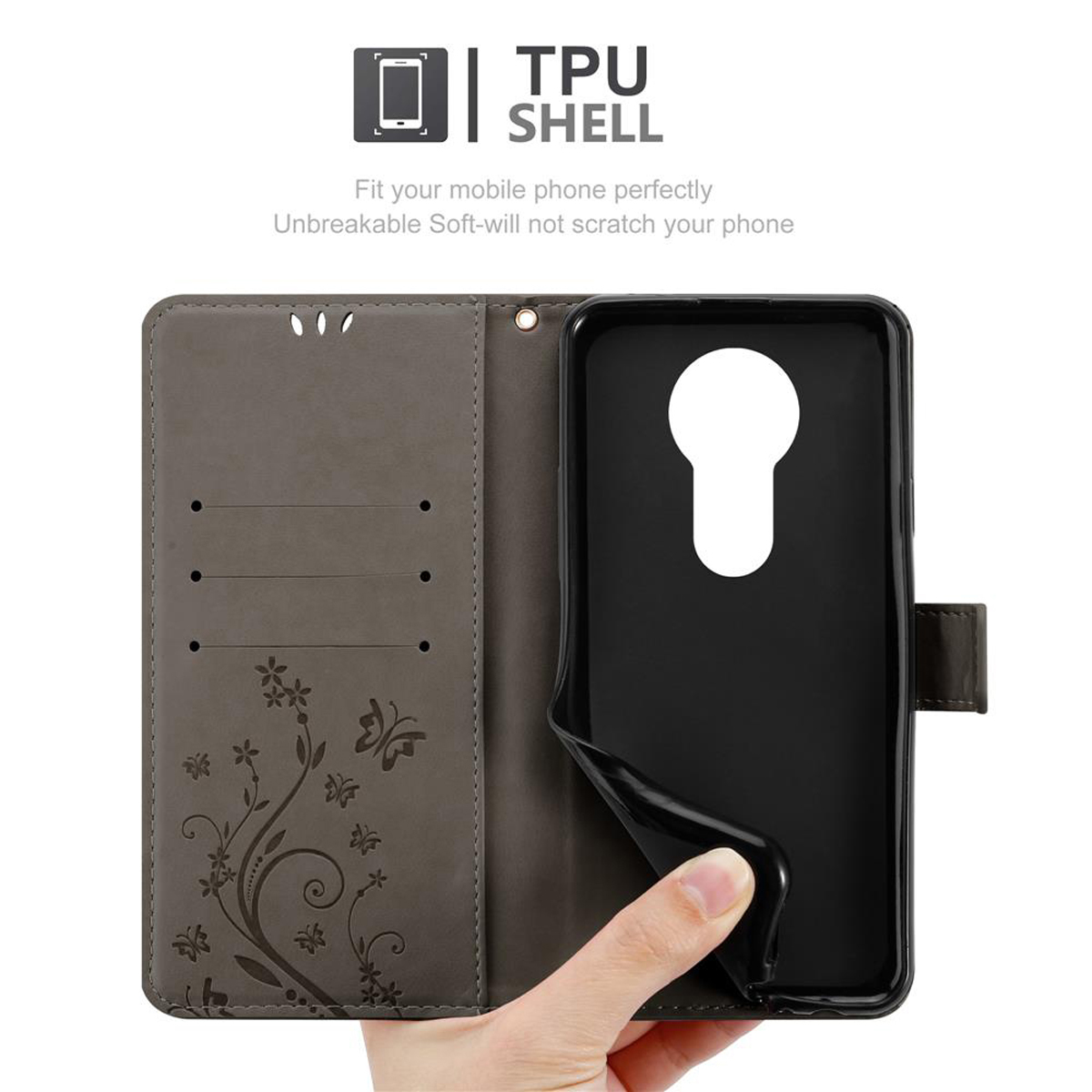Custodia per telefono aperta con un telefono all'interno. La custodia è grigia con un design floreale. Una mano la tiene.