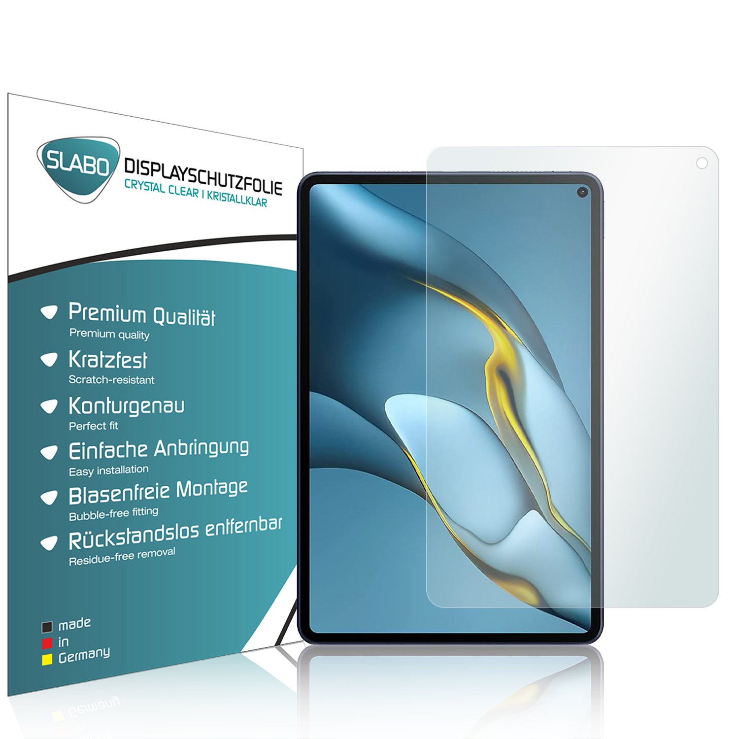 Ein Tablet mit Displayschutz. Der Schutz befindet sich auf dem Tablet mit Text über Premiumqualität.