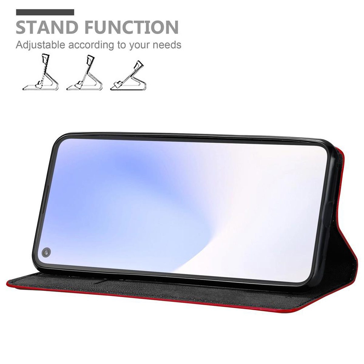 Custodia per telefono con funzione stand. Telefono nero in custodia di pelle rossa.