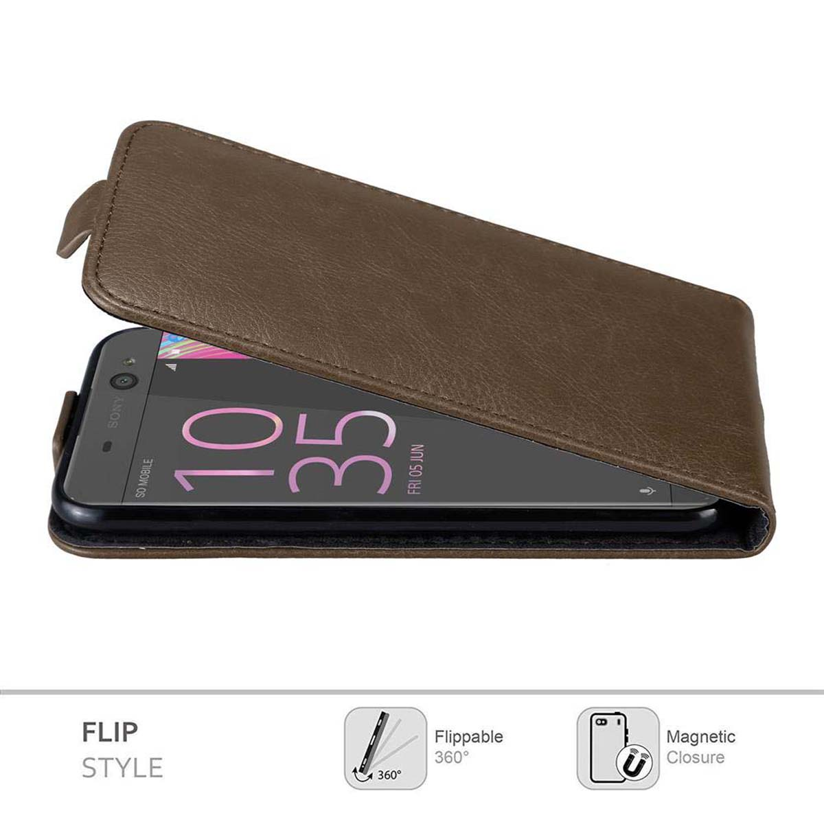 Braune Handyhülle, geöffnet, zeigt einen Telefonbildschirm. Text: 'Flip Style'.