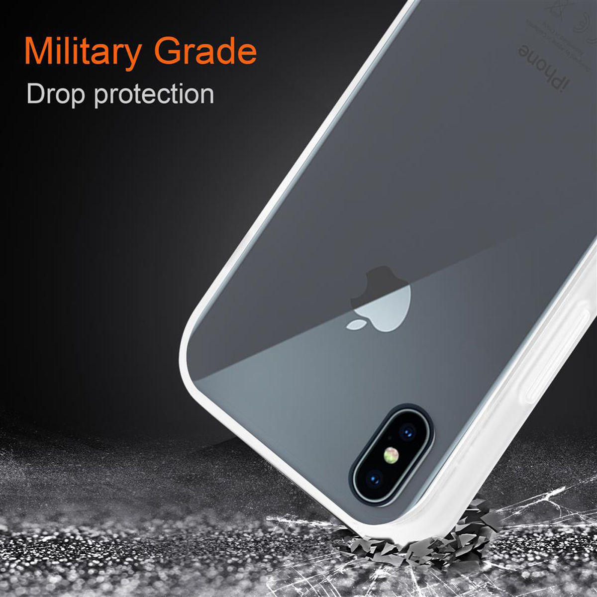 iPhone-Rückseite, helle Farbe. Militärische Qualität, Fallschutz. Telefon auf grauer Oberfläche, mit Rissen.