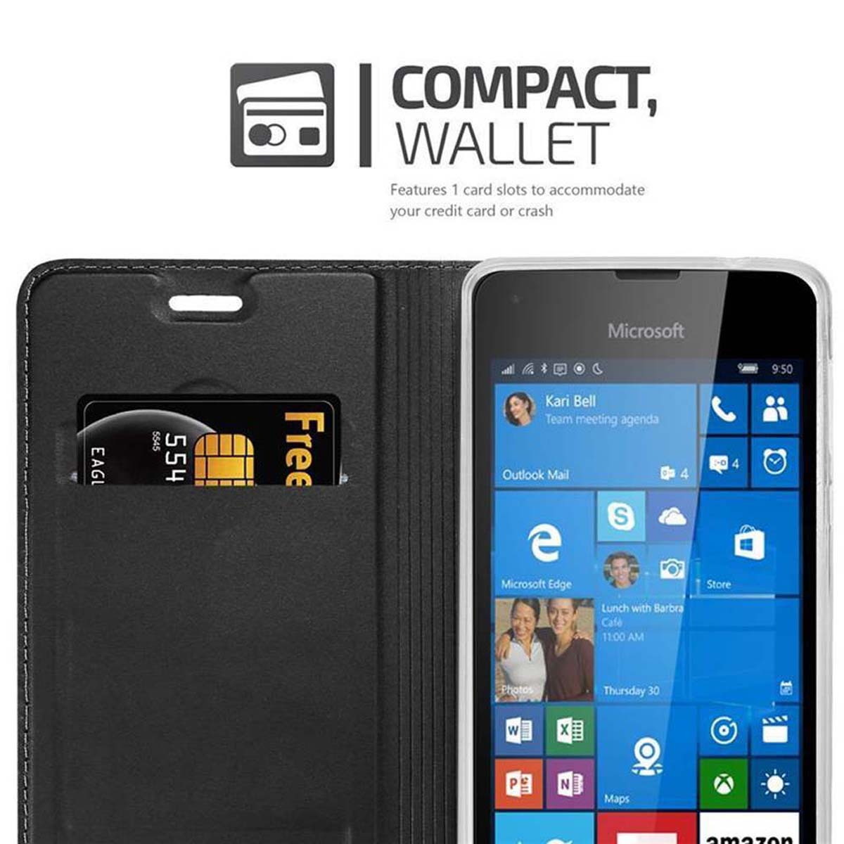 Custodia nera per telefono con carta di credito e interfaccia Microsoft visibile.