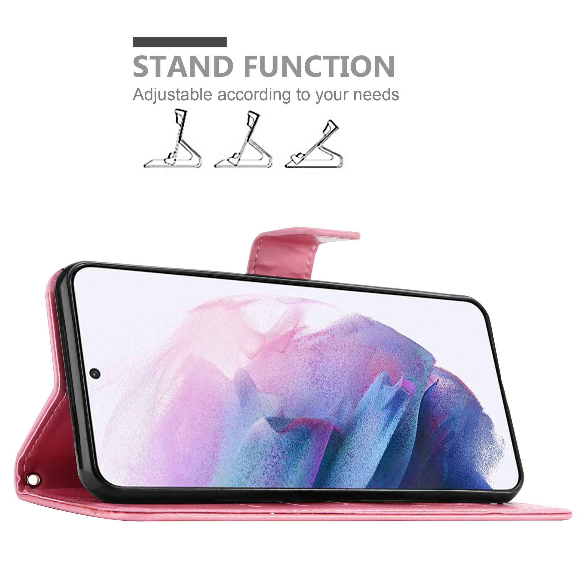 Custodia rosa con telefono all'interno. Il telefono mostra la schermata iniziale. Funzione supporto.