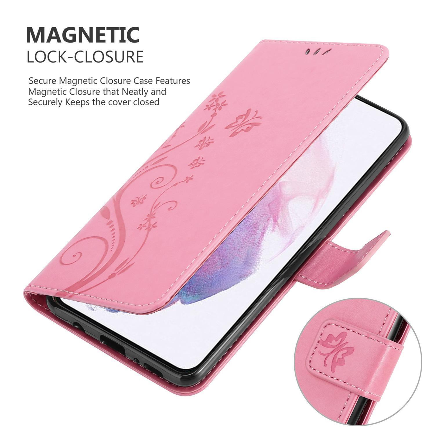 Custodia rosa per telefono con design floreale, aperta. Mostra un telefono all'interno.