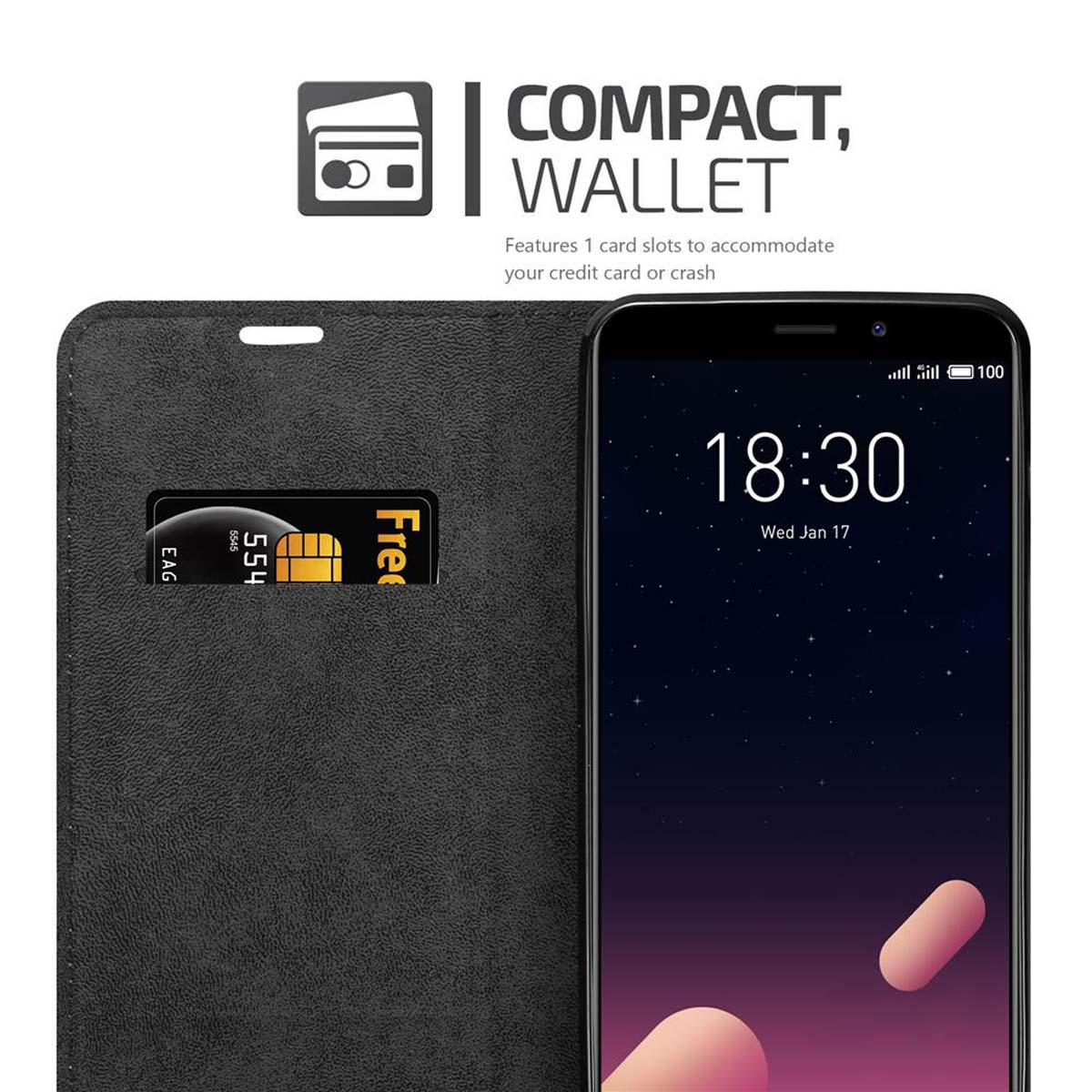 Custodia per telefono nera con funzione portafoglio. Un telefono con orologio, slot per schede e carta di credito è visibile.