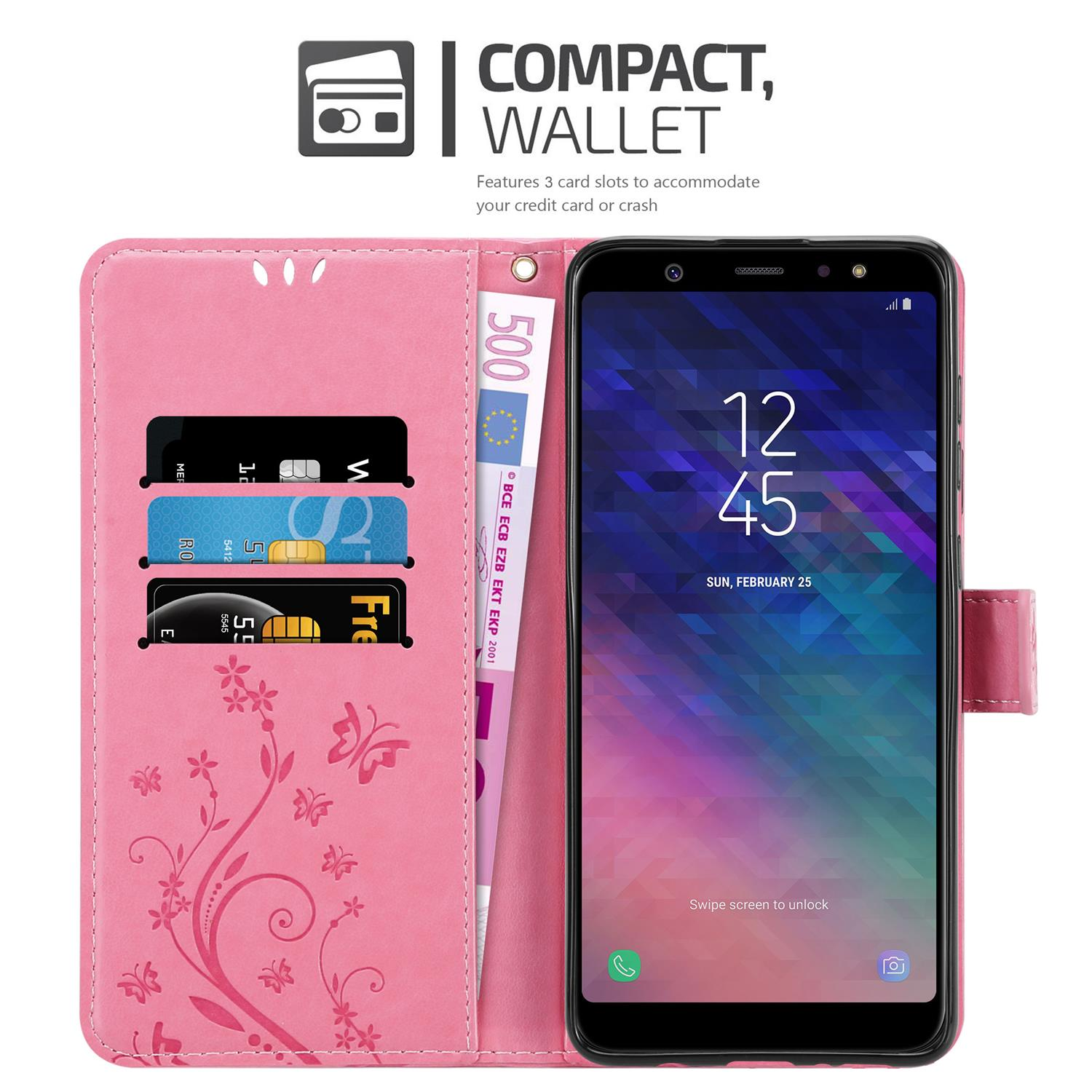 Custodia a portafoglio rosa aperta, mostra carte e telefono con orologio. Presenti disegni floreali.