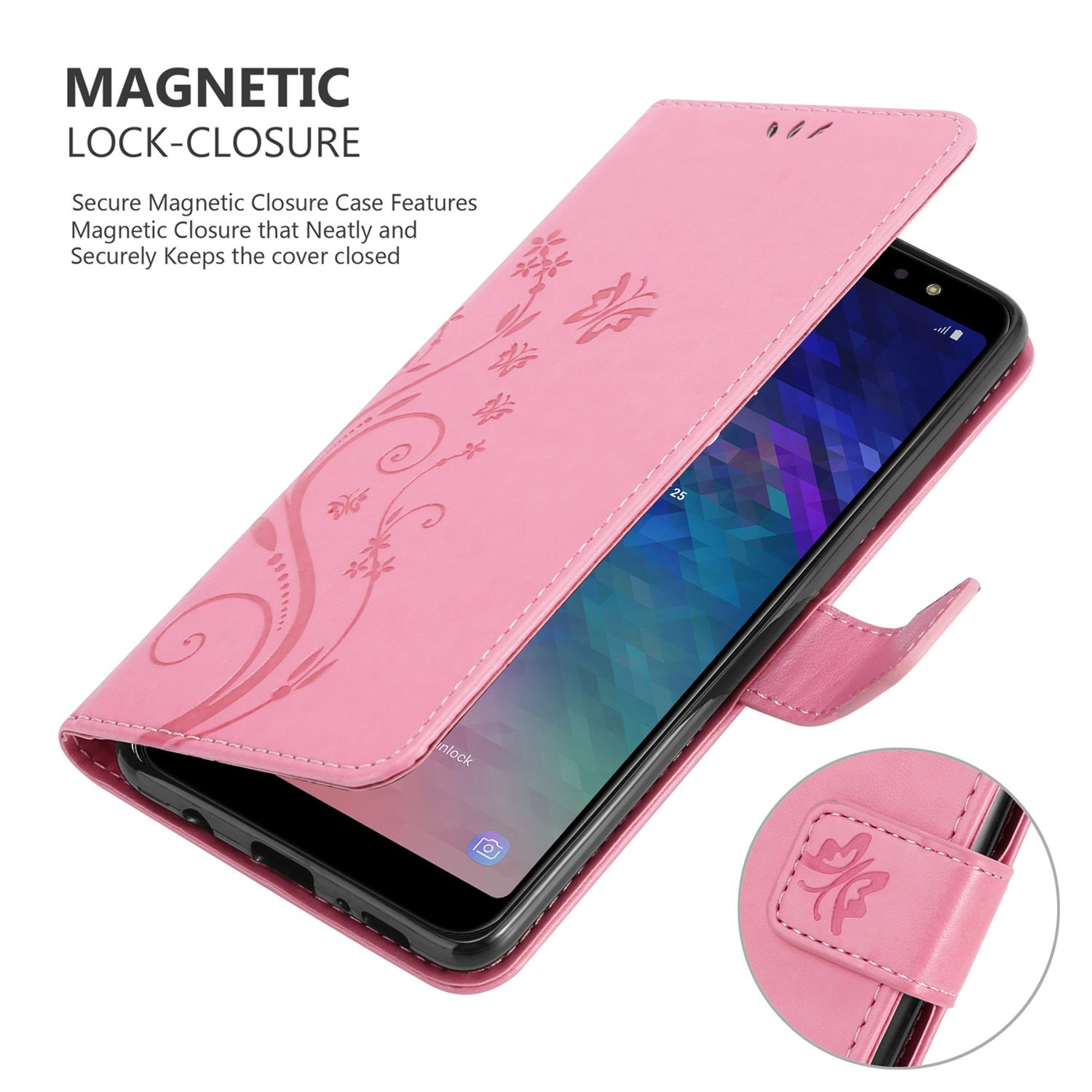 Una custodia per telefono rosa è aperta con un telefono all'interno. Design floreale sulla custodia. Lo schermo del telefono è acceso.