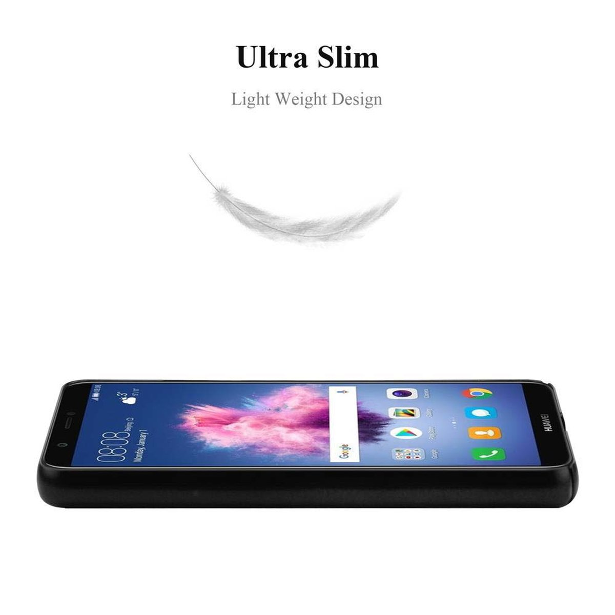 Un telefono nero in una custodia dal design ultra sottile. Una piuma bianca fluttua sopra.