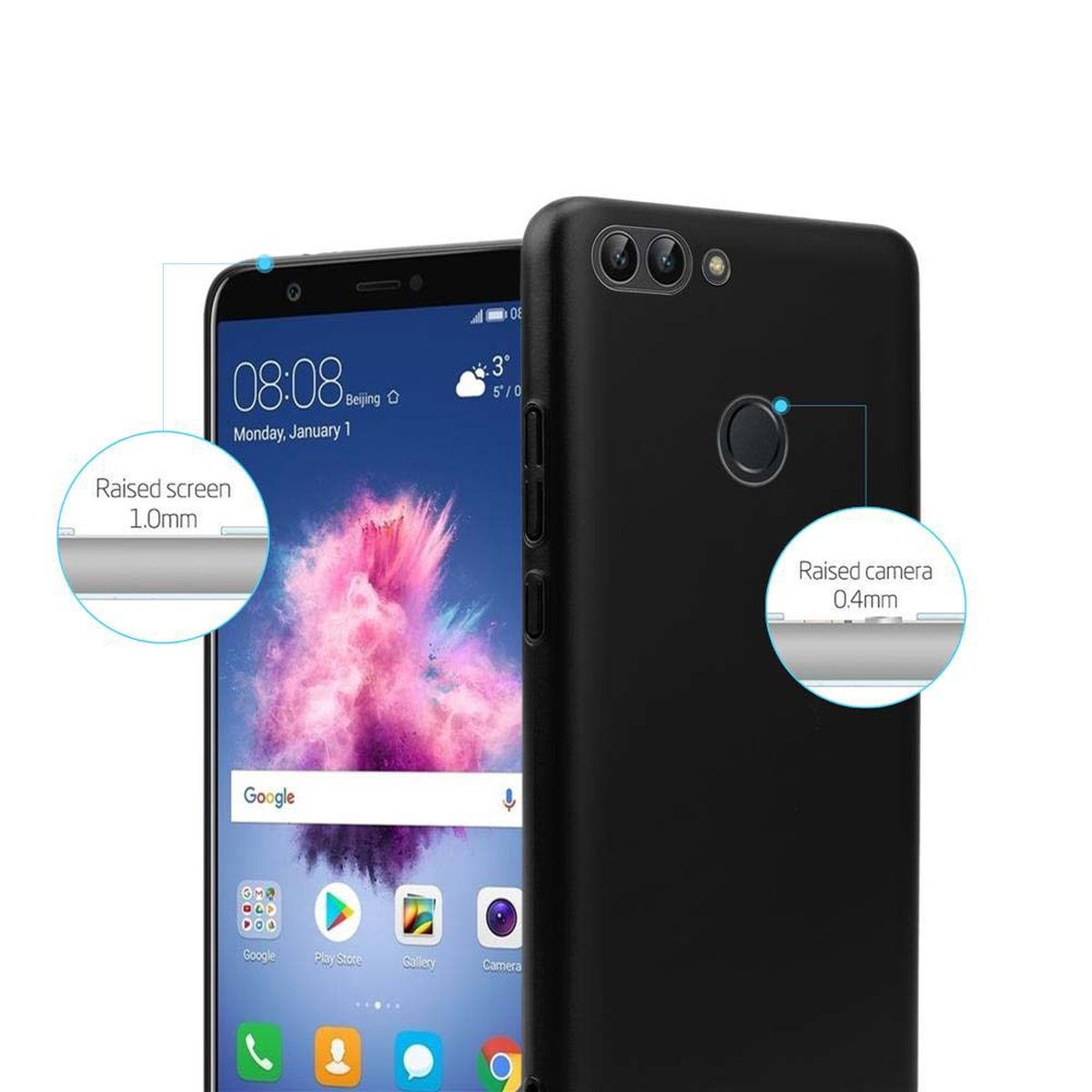 Telefono nero con cover posteriore. Lo schermo è acceso. Testo su schermo e fotocamera rialzati.