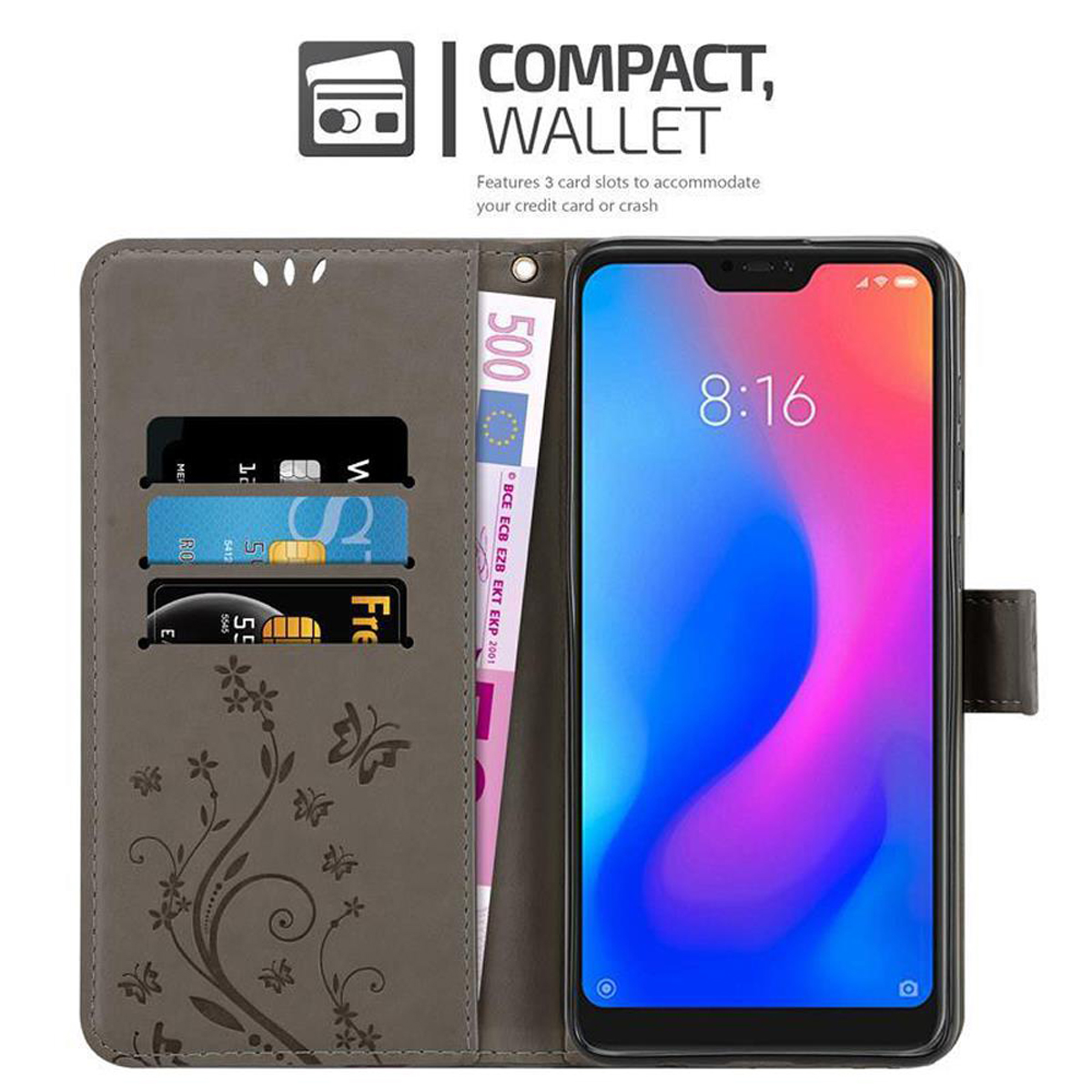 Geöffnete Handyhülle mit Telefon und Karte. Zeigt Kartenfächer und den Telefonbildschirm.