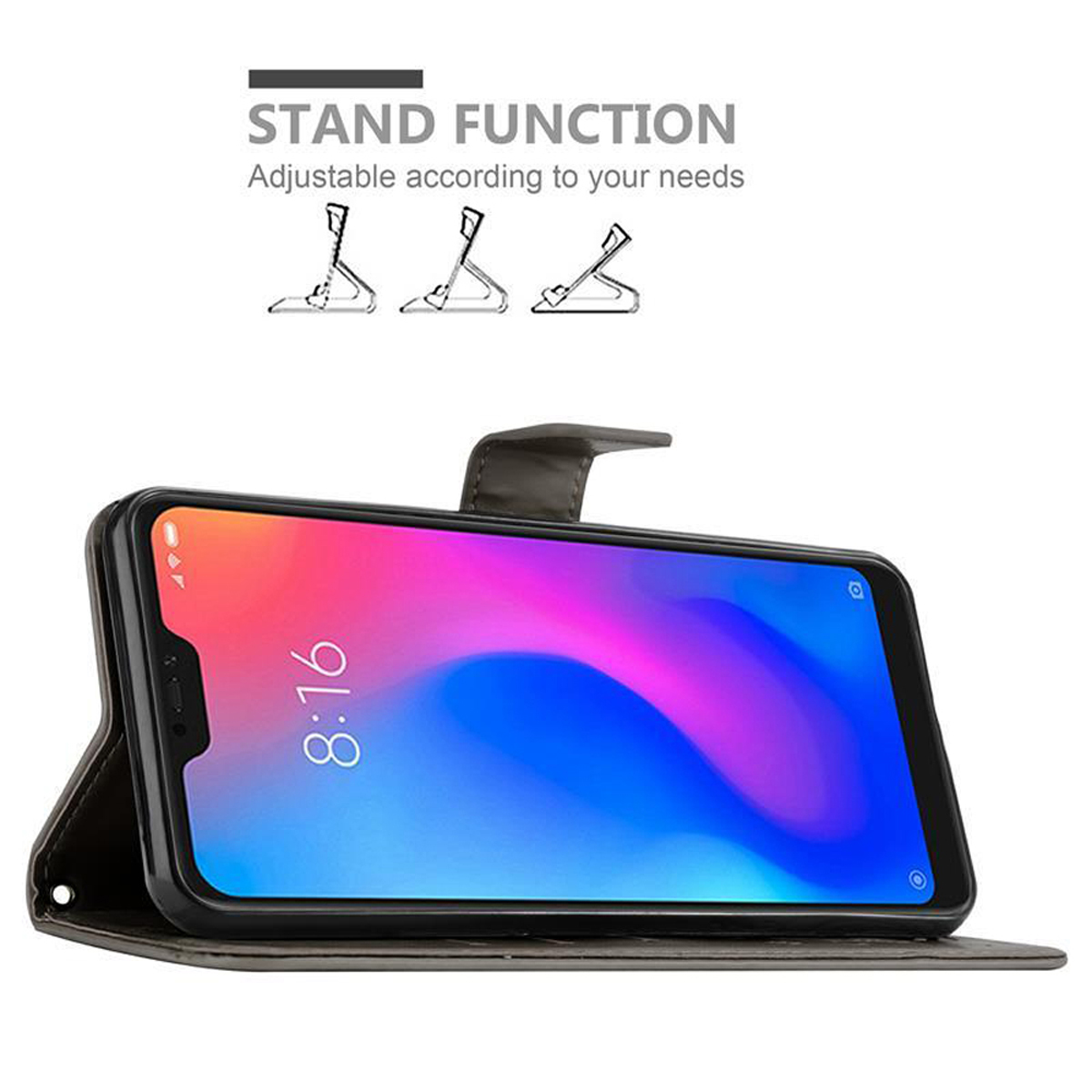 Ein Telefon in einer Hülle ist aufgeklappt und zeigt den Bildschirm. Text: Ständerfunktion, an Ihre Bedürfnisse anpassbar.