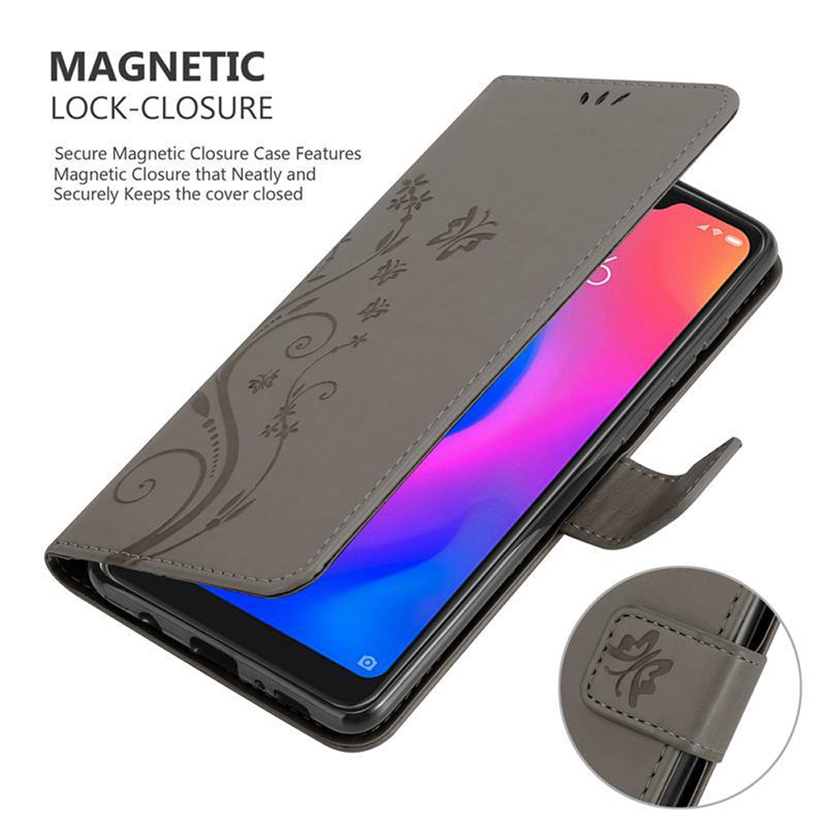 Graue Handyhülle mit Blumendesign, geöffnet, um ein Handy zu zeigen. Mit Magnetverschluss.