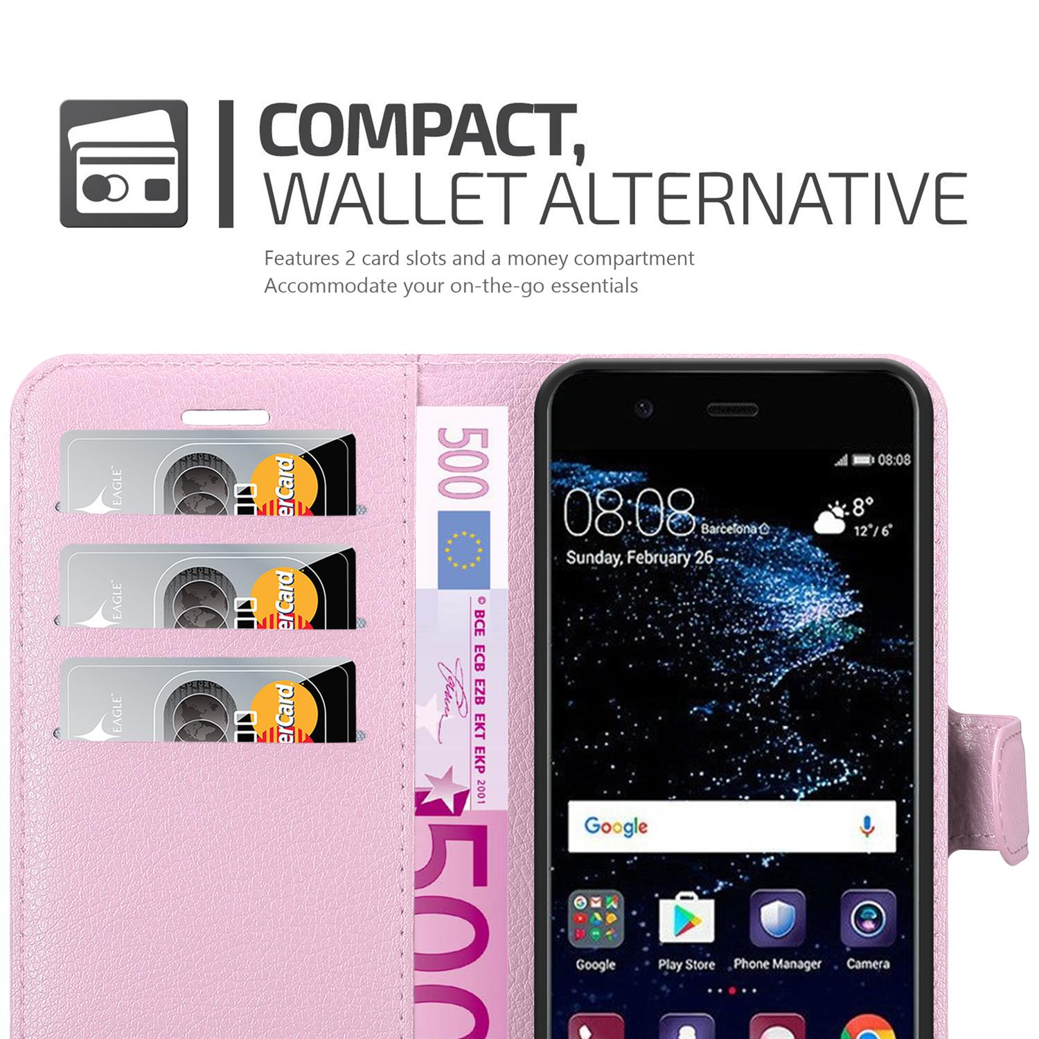 Custodia per telefono rosa con fessure per carte, una banconota da 500 euro e un telefono che mostra l'ora.
