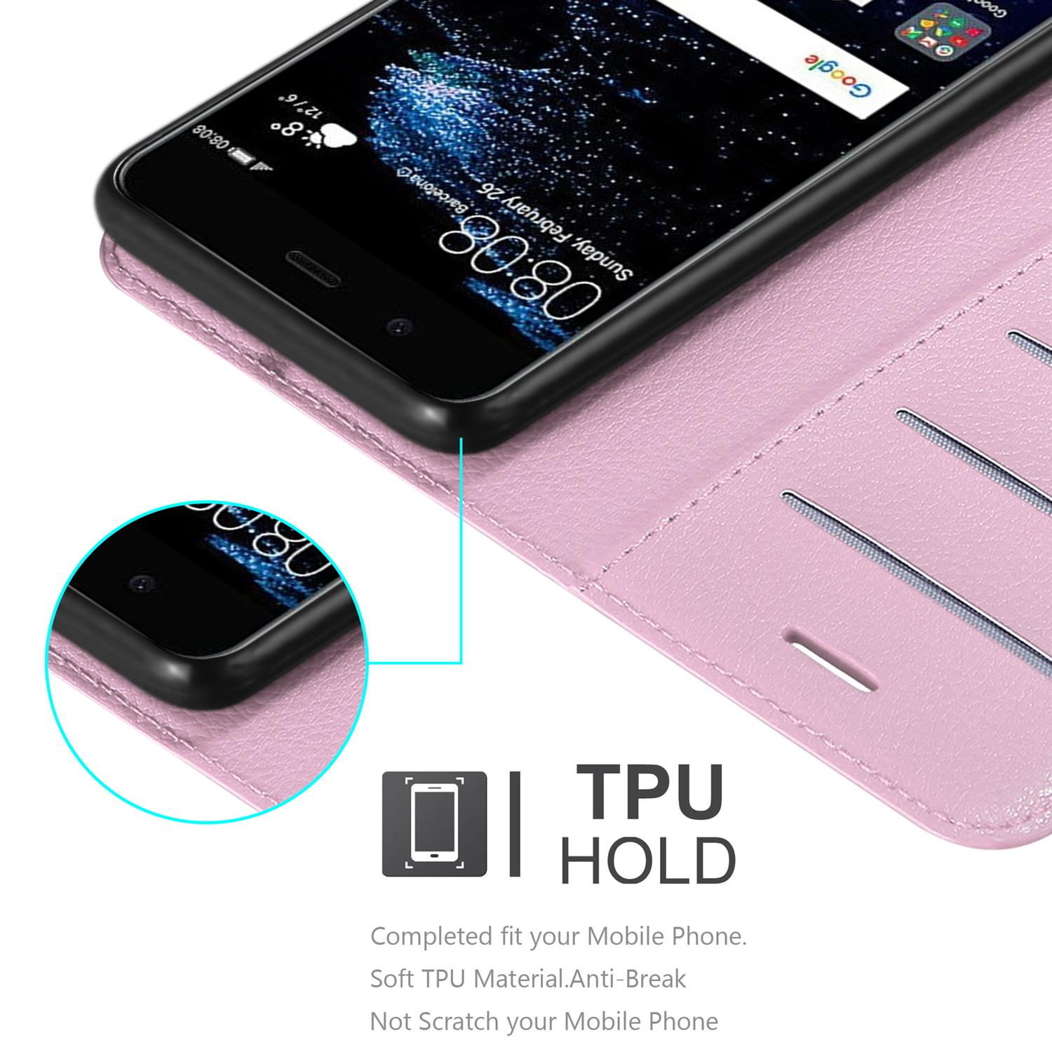 Un telefono in una custodia rosa che mostra le 08:08. La custodia è aperta. Lo sfondo è rosa chiaro.