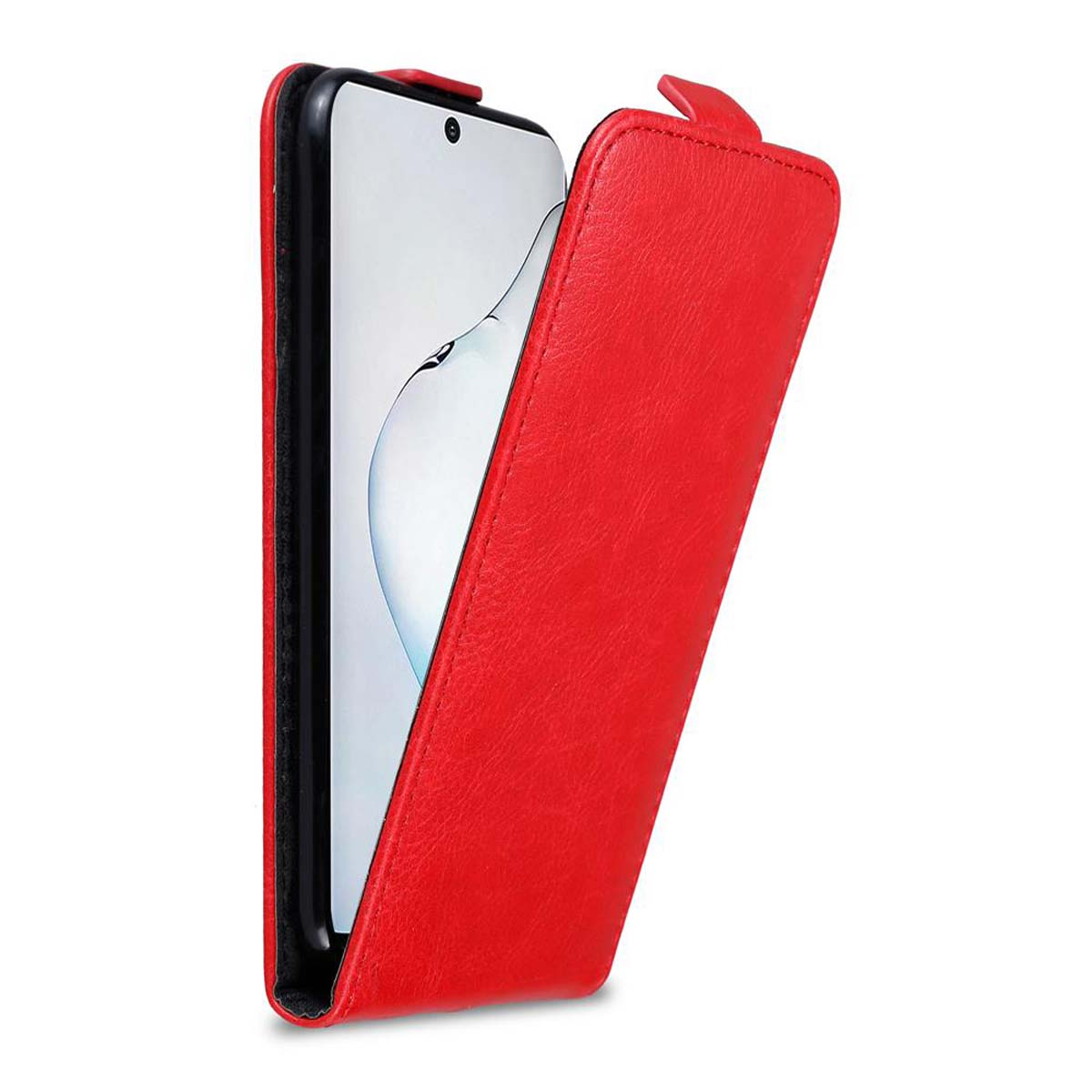 Custodia per telefono rossa aperta, che mostra un telefono con schermo bianco.