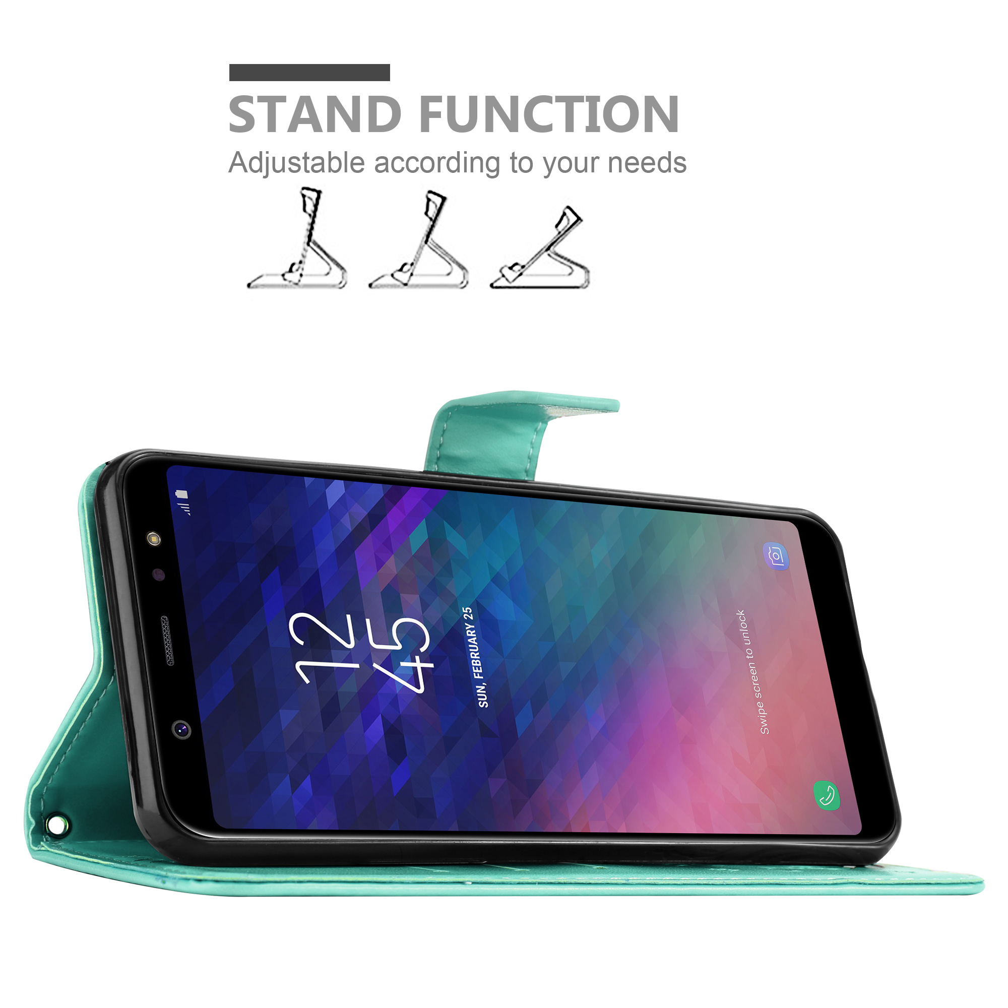 Smartphone in una custodia verde con funzione stand. Lo schermo mostra ora, data e una notifica.