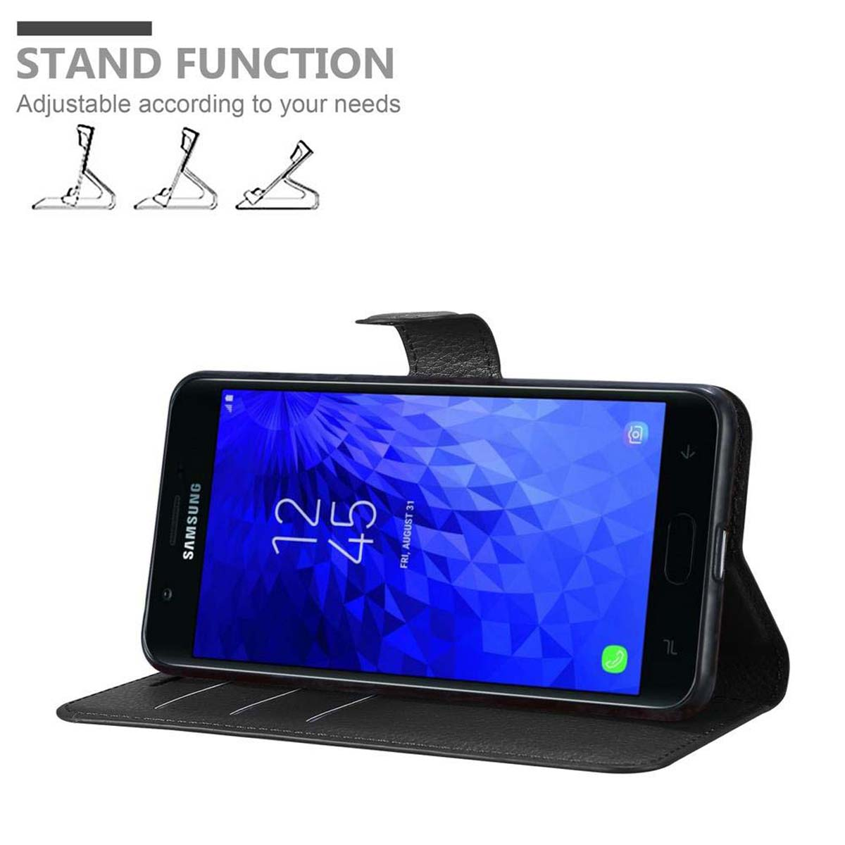 Ein Telefon in einer Folio-Hülle, der Bildschirm zeigt eine blaue Benutzeroberfläche. Die Hülle ist offen, und das Telefon steht.