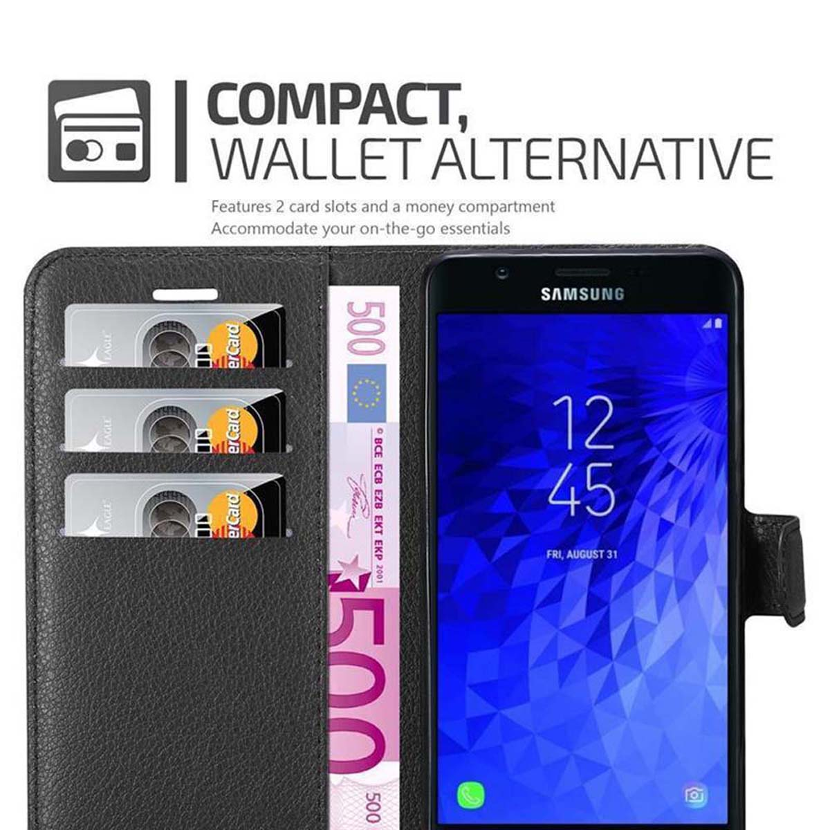Handyhülle mit Geldbörsenfunktion. Hält Karten, Geld und ein Samsung-Telefon. Anzeige zeigt Uhrzeit 12:45.