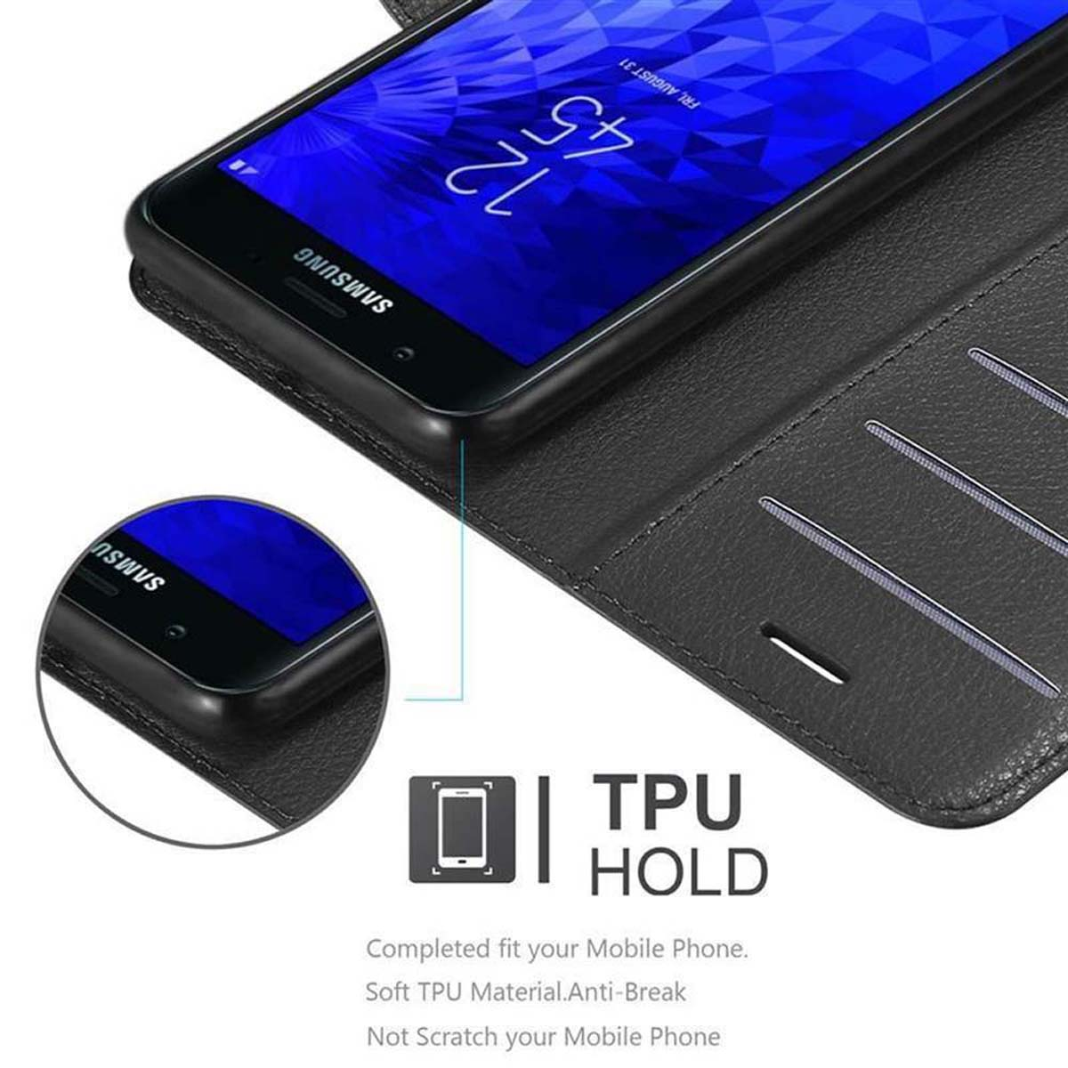 Schwarzes Telefon mit Samsung-Logo. Das Telefon ist in einer schwarzen Hülle.