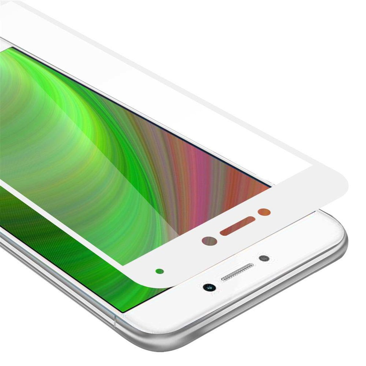 Teléfono con protector de pantalla. Cristal en pantalla, fondo verde y colorido.