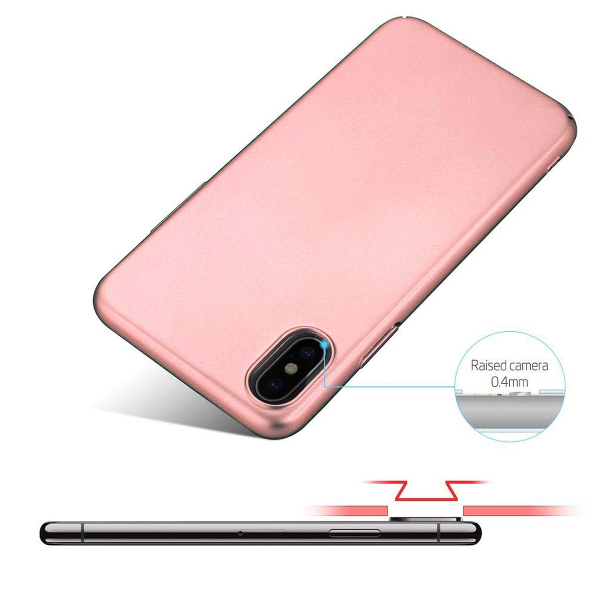 Eine pinke Handyhülle mit erhabener Kamera. Das Telefon liegt auf weißem Hintergrund.