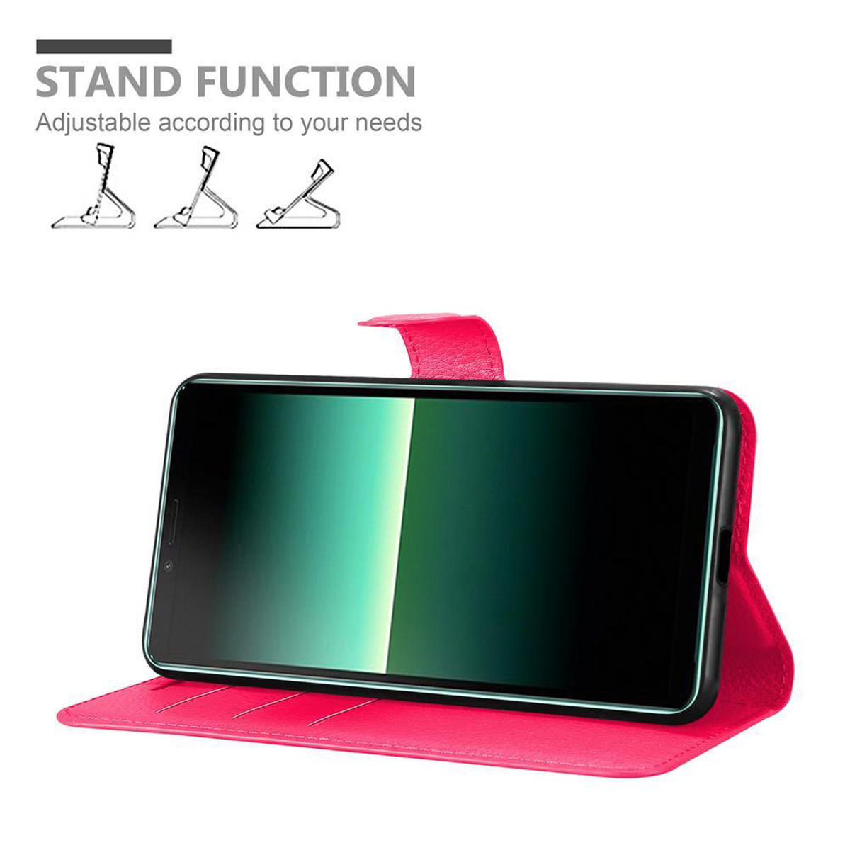 Custodia rosa per telefono con telefono in funzione stand, che mostra lo schermo del telefono.