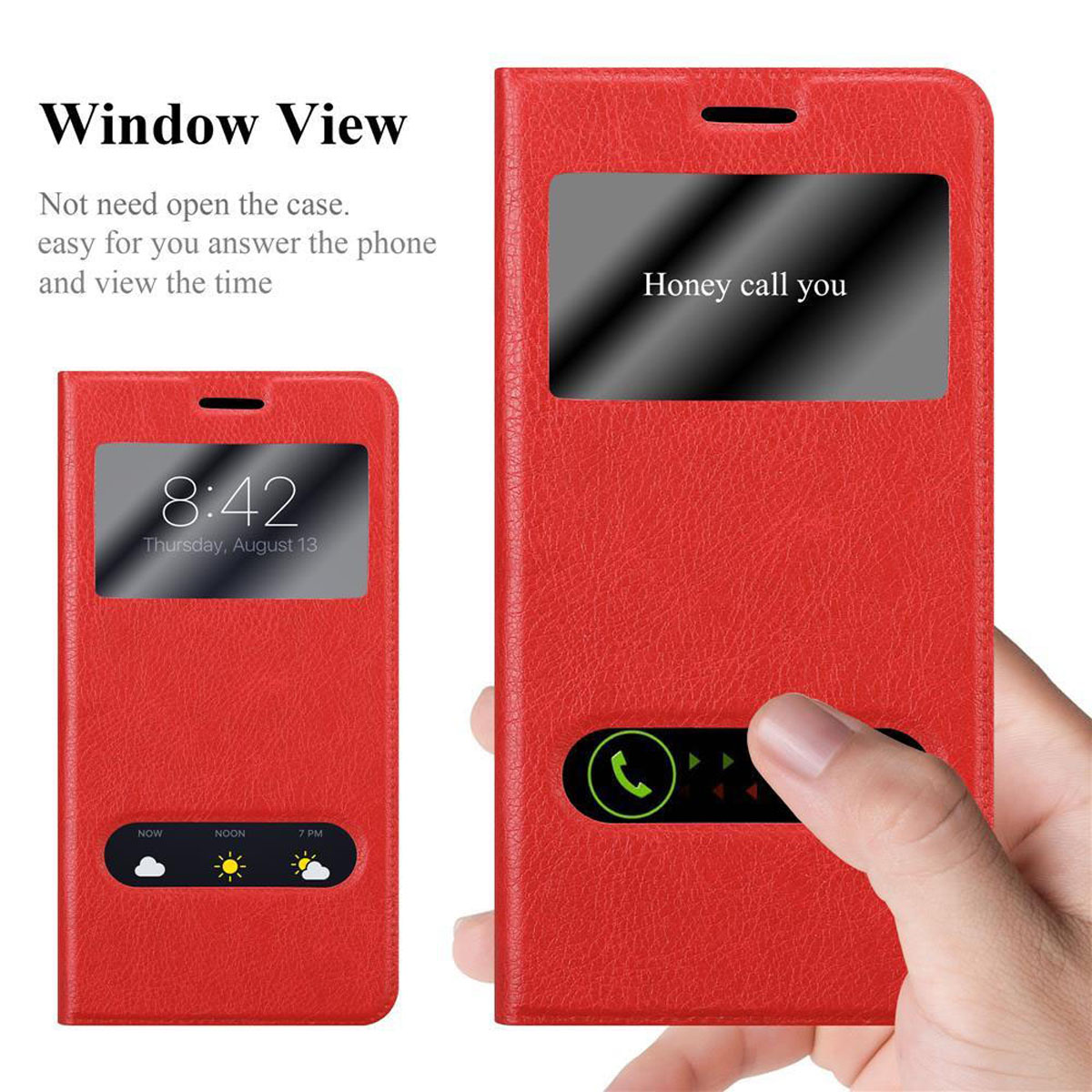Custodia rossa per telefono con finestra, che mostra il telefono. Testo: Vista finestra, facile da rispondere.
