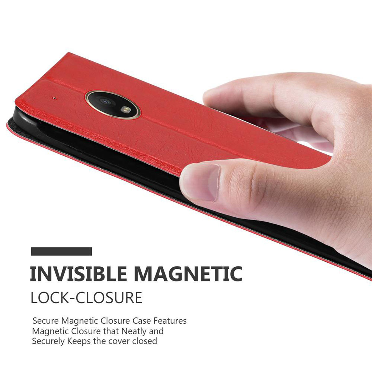 Una custodia rossa per telefono con un telefono all'interno. Il testo 'INVISIBLE MAGNETIC LOCK-CLOSURE' è visibile.