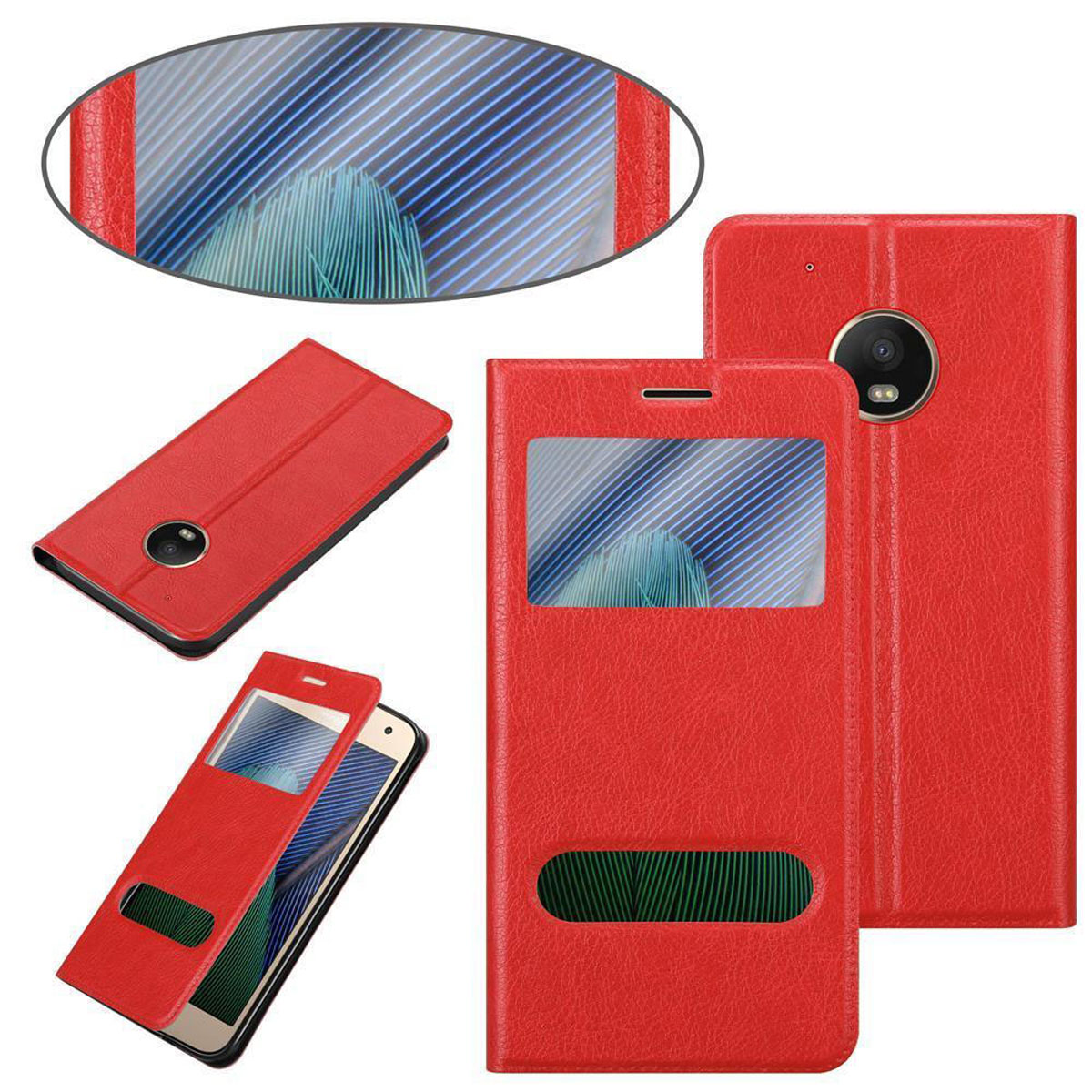 Custodia per telefono rossa in varie posizioni. Alcune aperte e chiuse. C'è un telefono dentro. Primo piano dei dettagli della custodia.