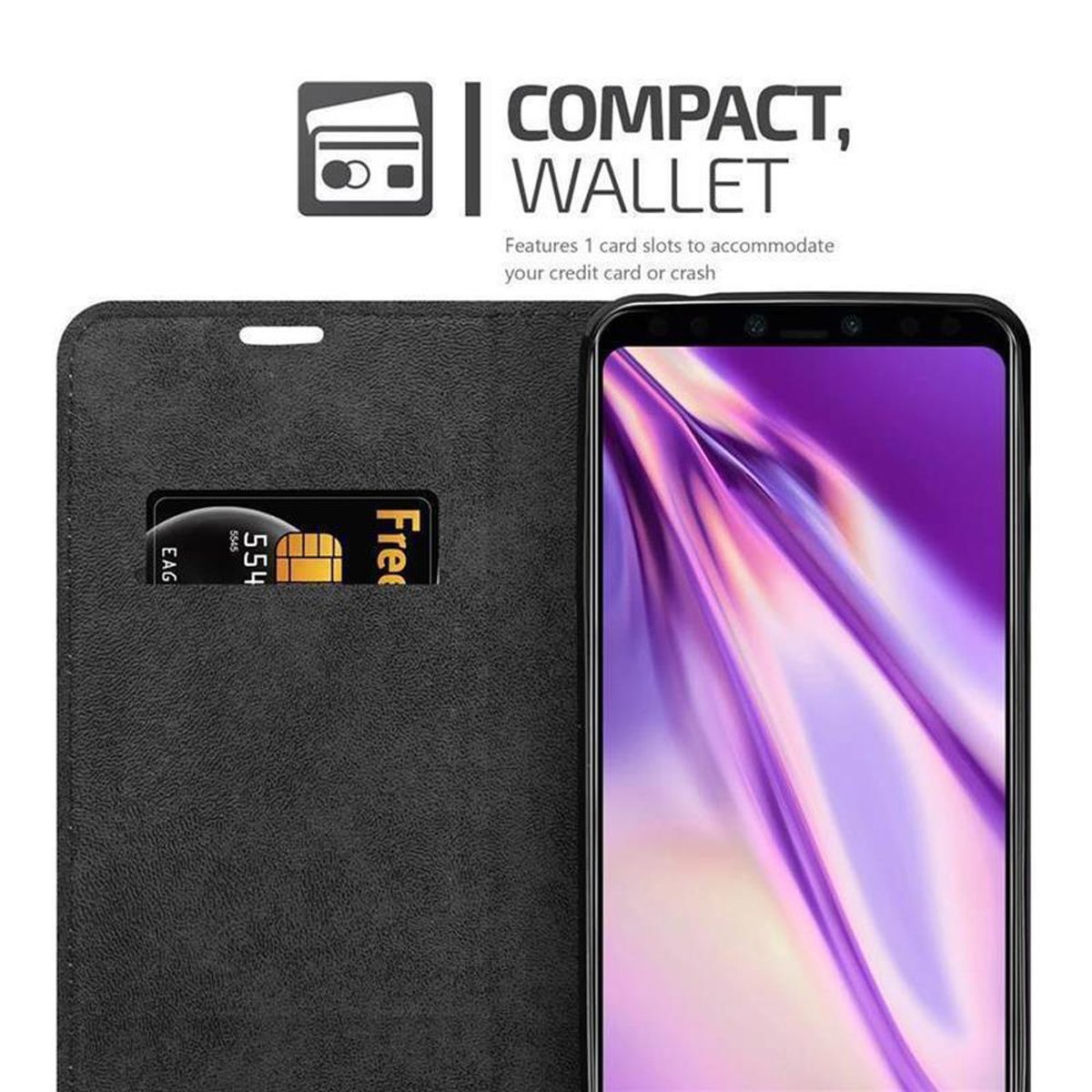 Custodia per telefono nera con slot per carte e carta di credito, con etichetta portafoglio compatto.