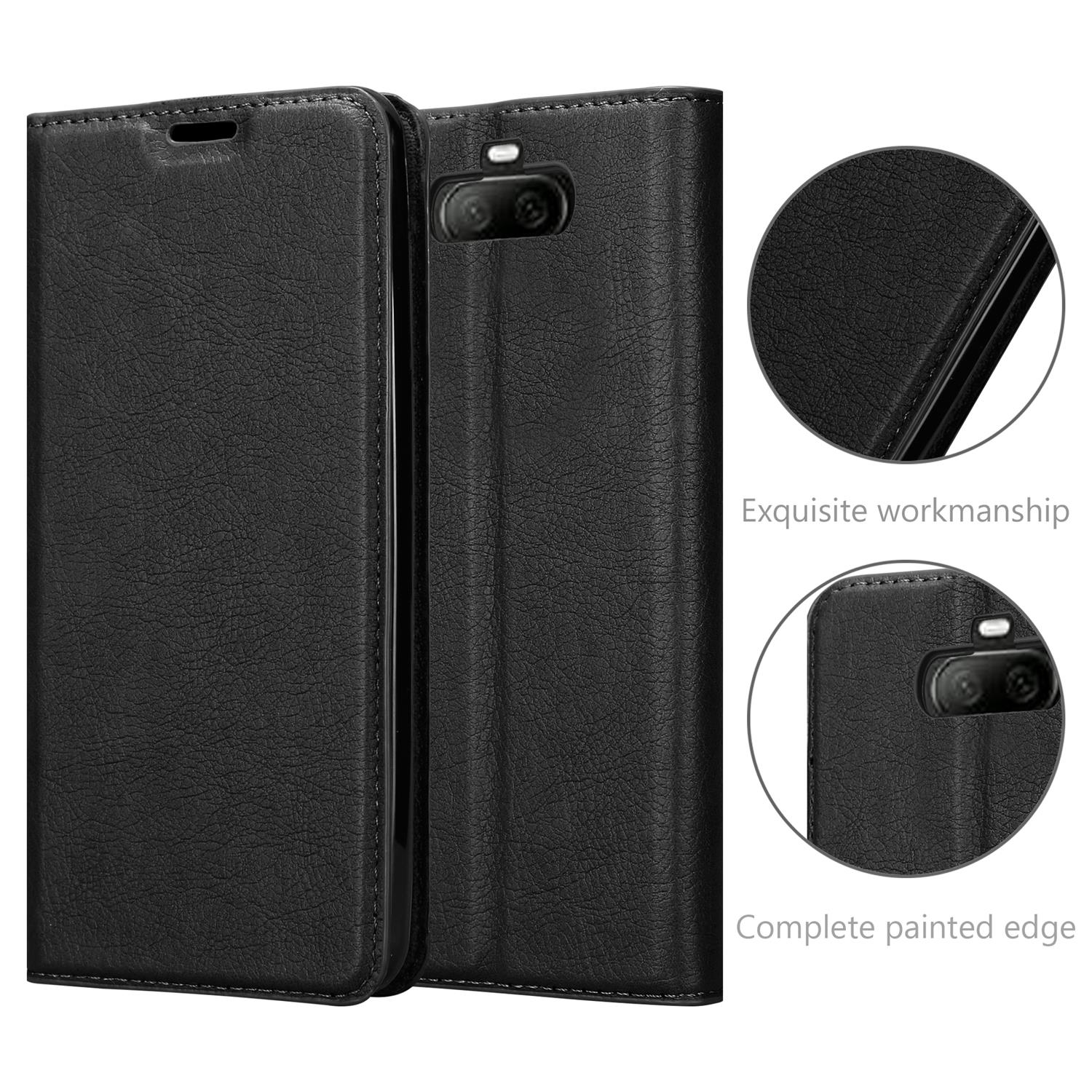 Schwarze Leder-Handyhülle, offen und geschlossen. Kreisdetails zeigen exquisite Verarbeitung und vollständig lackierte Kante.
