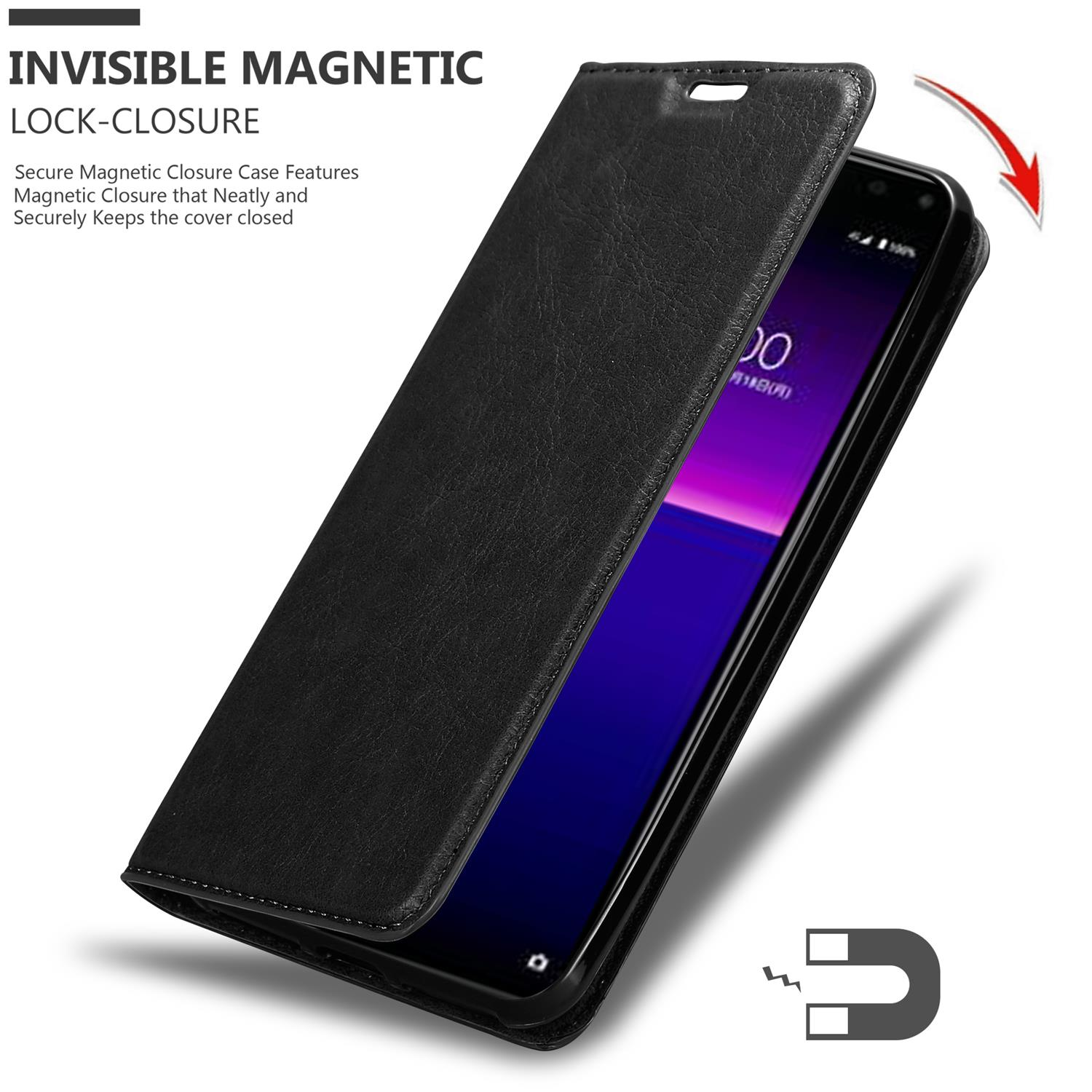 Schwarze Handyhülle, geöffnet, um den Bildschirm des Handys freizugeben. Unten wird ein Magnet gezeigt.