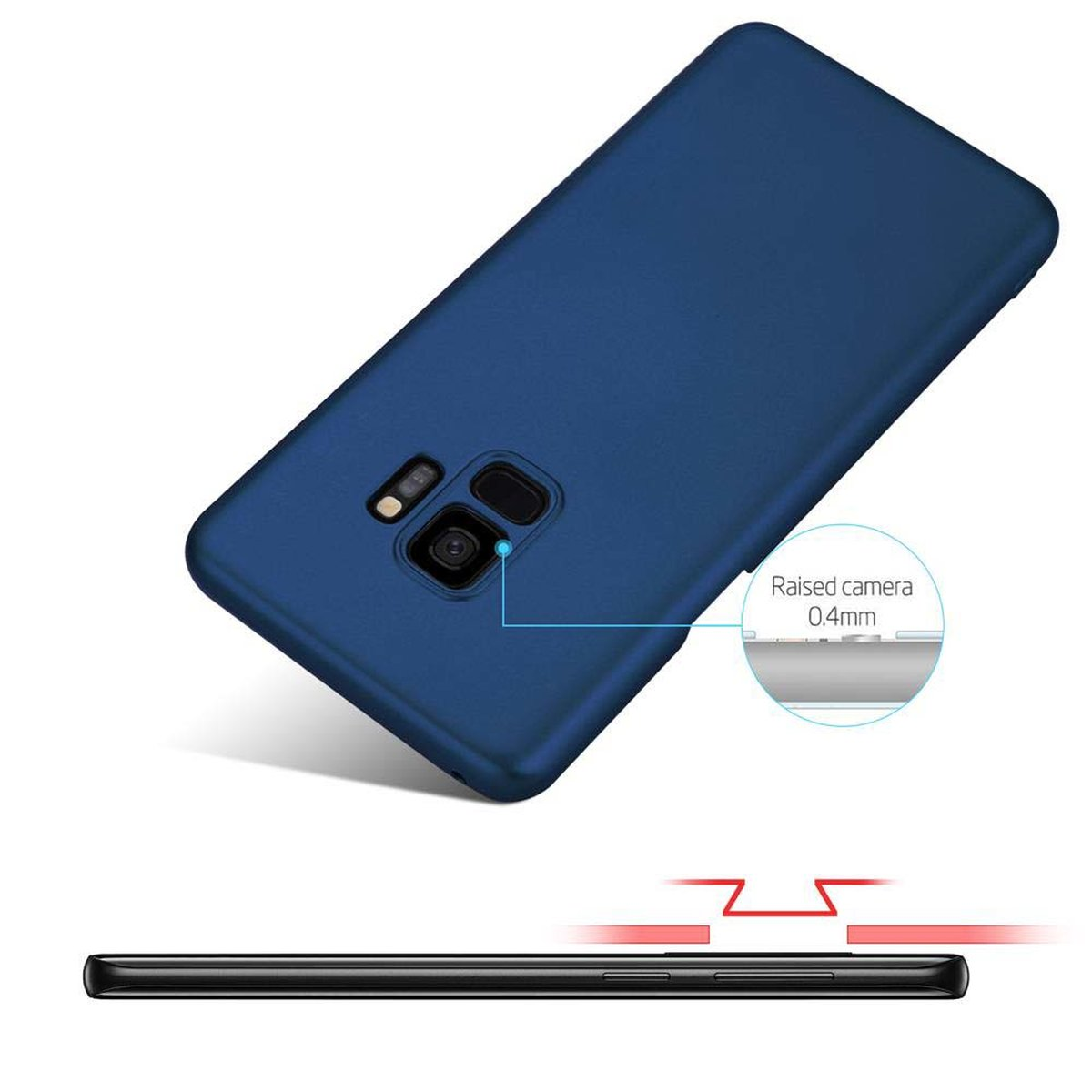 Dunkelblaue Handyhülle mit Kameradetail auf der Rückseite.